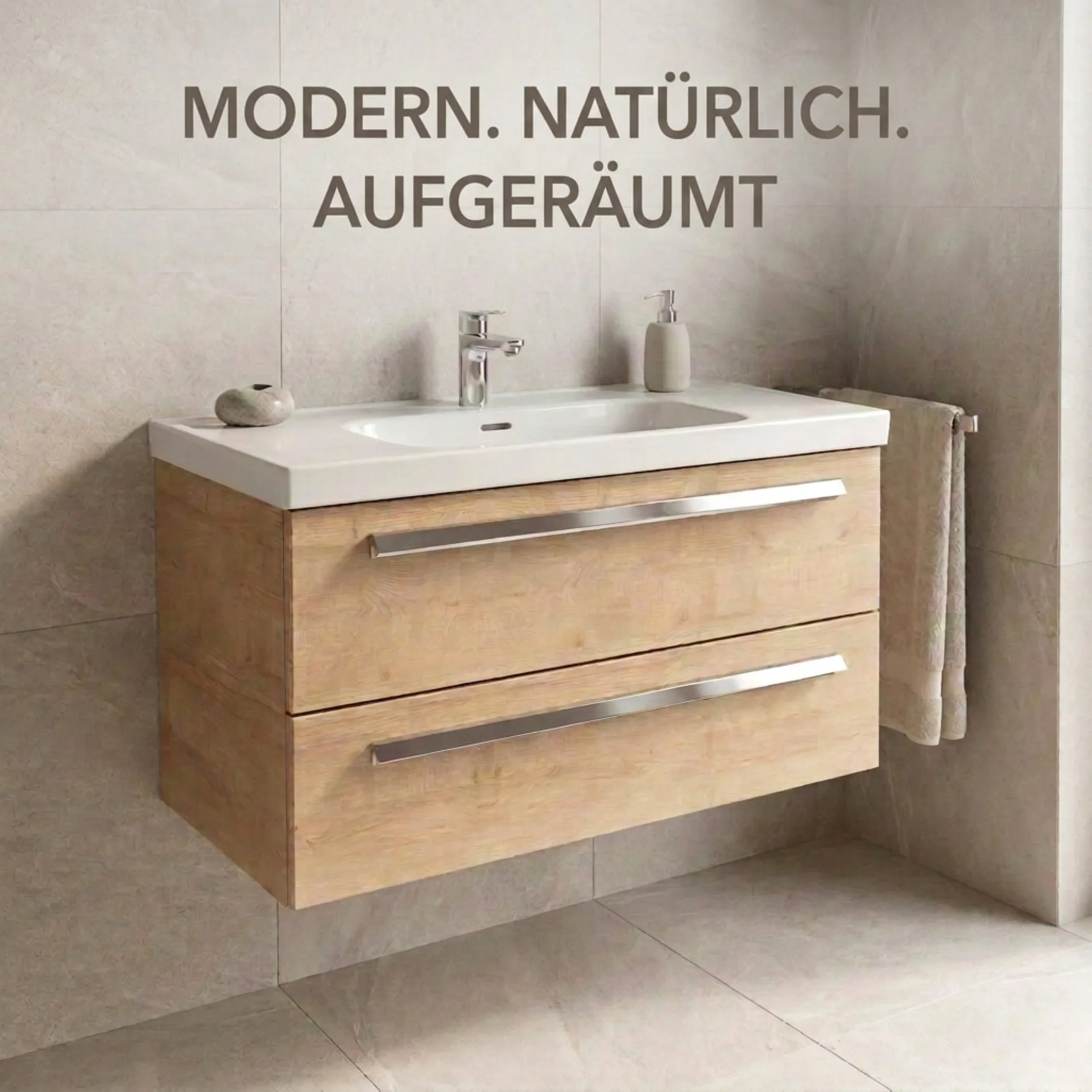 BADEDU TESSANO Waschbecken mit Unterschrank 90 cm breit, Braun hell, Waschbecken Keramik Weiß