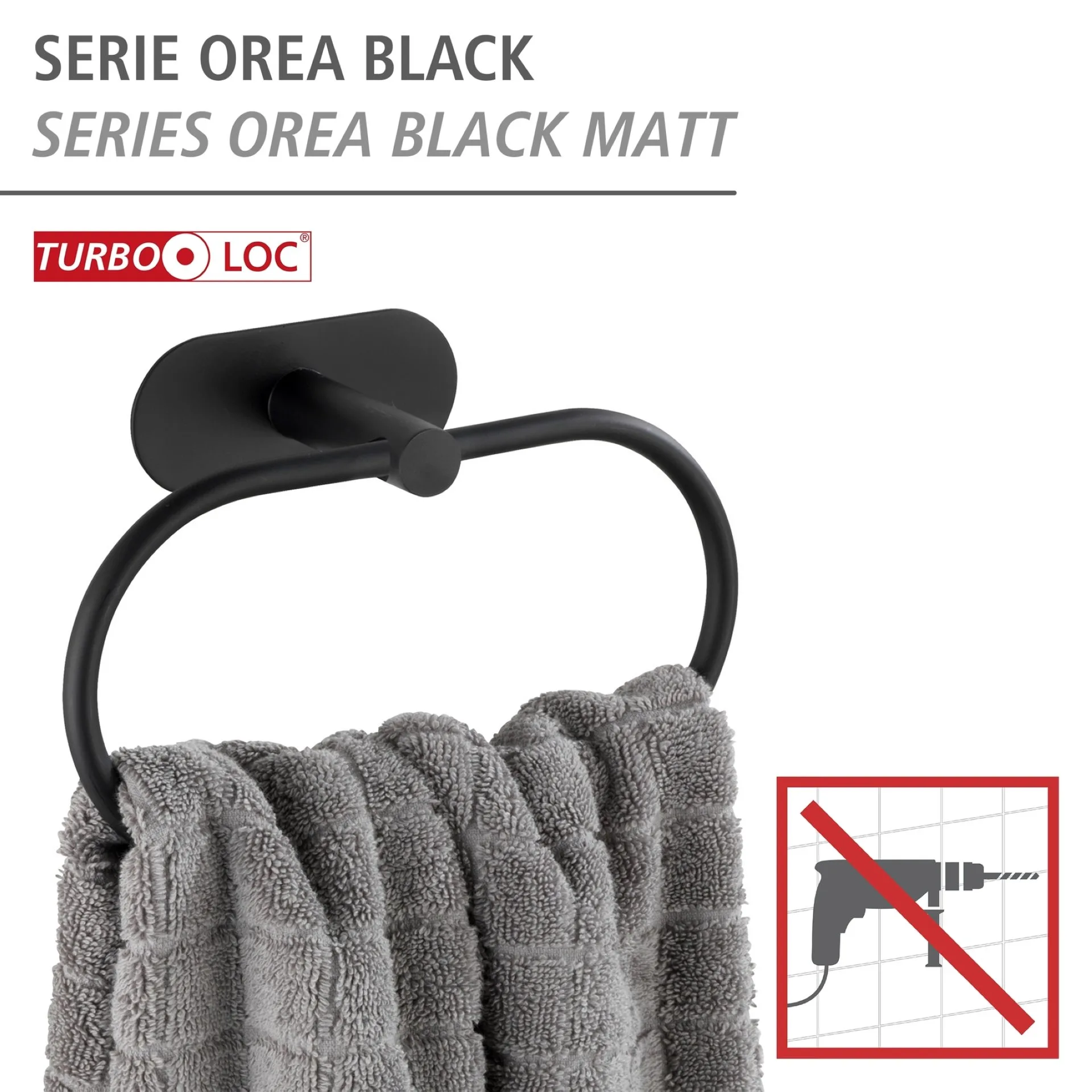 WENKO OREA Handtuchhalter, Schwarz matt, Befestigen ohne Bohren
