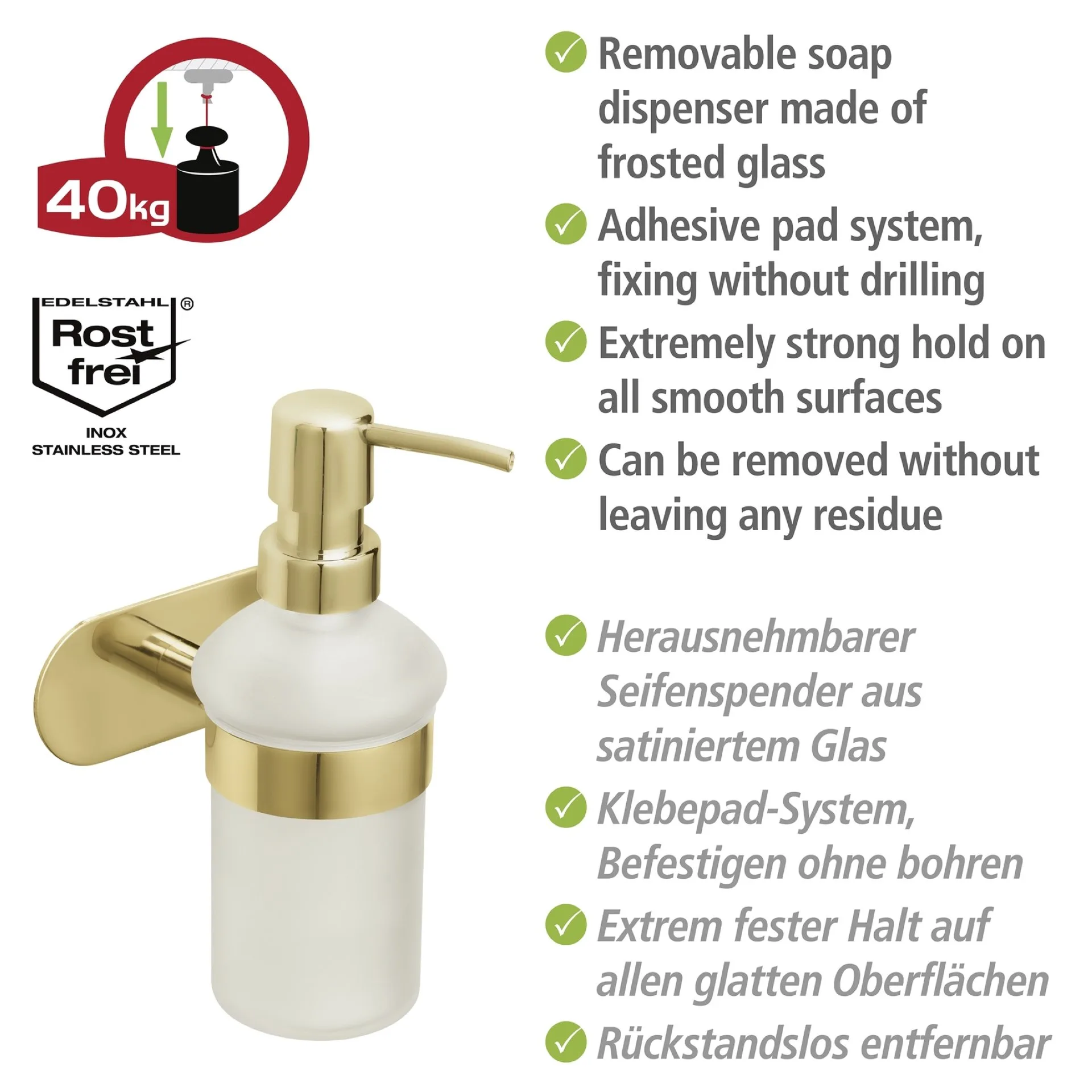 WENKO OREA Seifenspender 200 ml, Gold matt, Edelstahl rostfrei, Turbo Loc