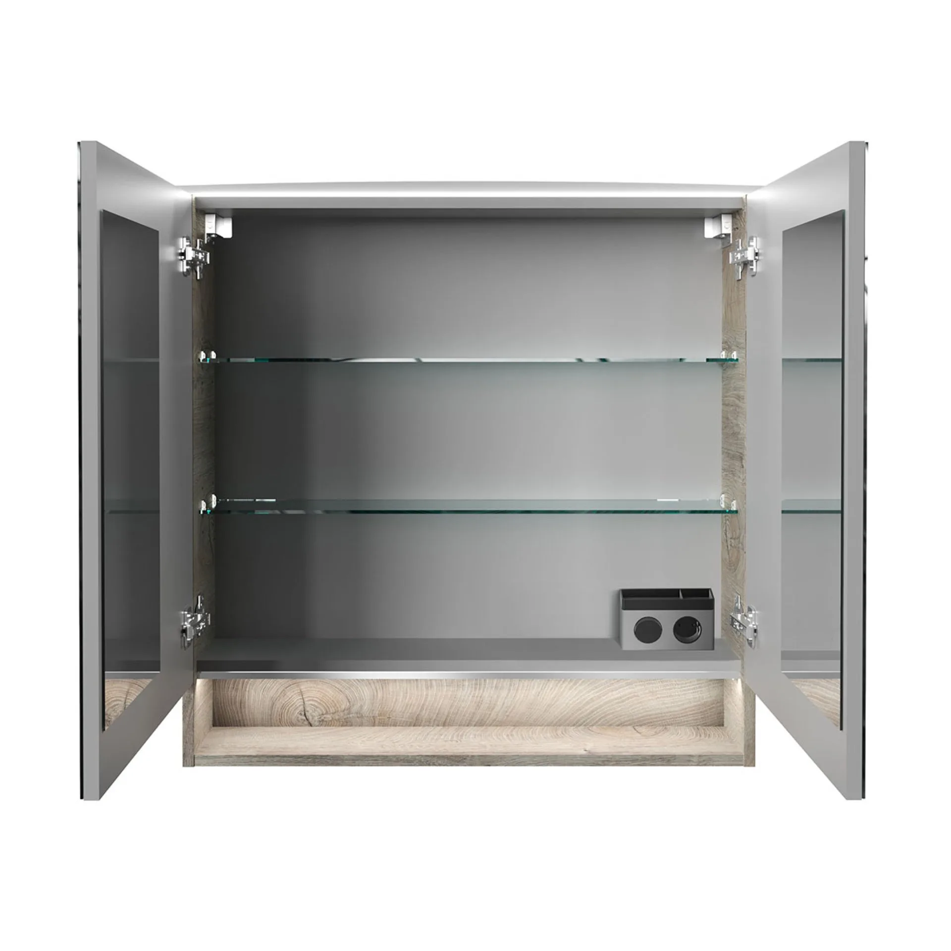 FACKELMANN B.STYLE Badmöbel Set 4-teilig 83 cm breit, Braun hell + LED Spiegel Spiegelschrank+ Hochschrank Türanschlag links