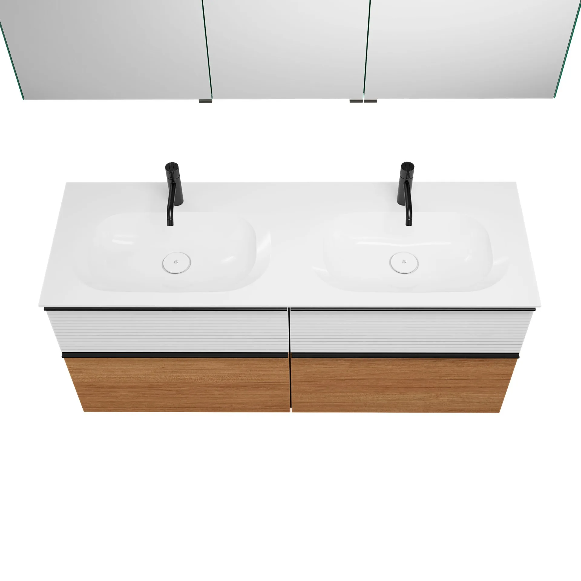 Burgbad FIUMO Waschtisch Set mit Spiegelschrank 142 cm breit, Weiß/Braun, Doppelwaschbecken Gussmarmor Weiß, 4 Schubladen, Anschlag links
