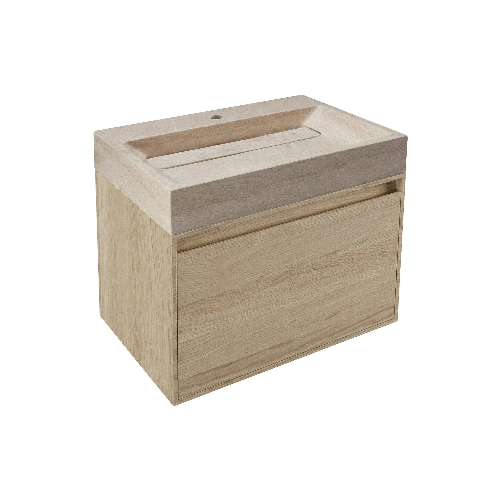 FORZALAQUA IBIZA BELLEZZA Waschbecken mit Unterschrank 80 cm breit, Braun hell, Natursteinwaschbecken Travertin matt mit Hahnloch, 1 Schublade