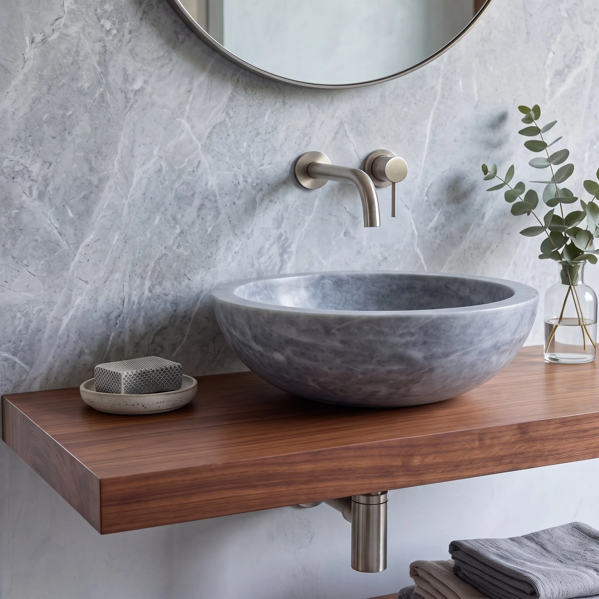 FORZALAQUA ROMA Aufsatzwaschbecken Ø 40 cm, Marmor, Naturstein, ohne Hahnloch