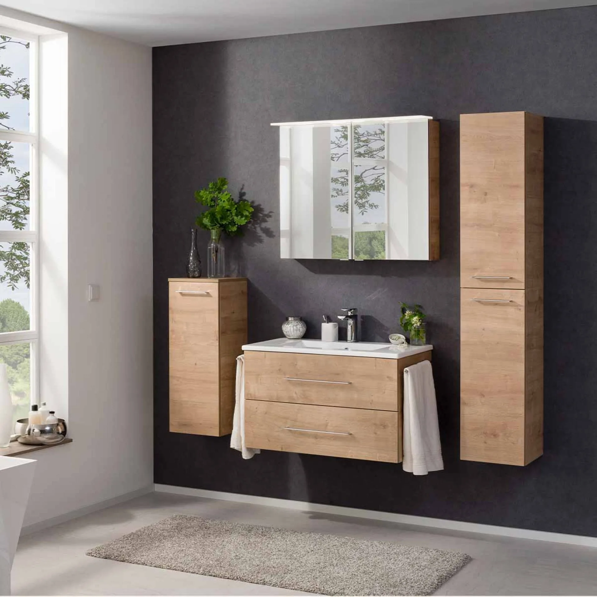 FACKELMANN B.PERFEKT Badmöbel Set 4-teilig 62 cm breit, Braun hell, Waschbecken Keramik Weiß + LED Spiegelschrank + Midischrank