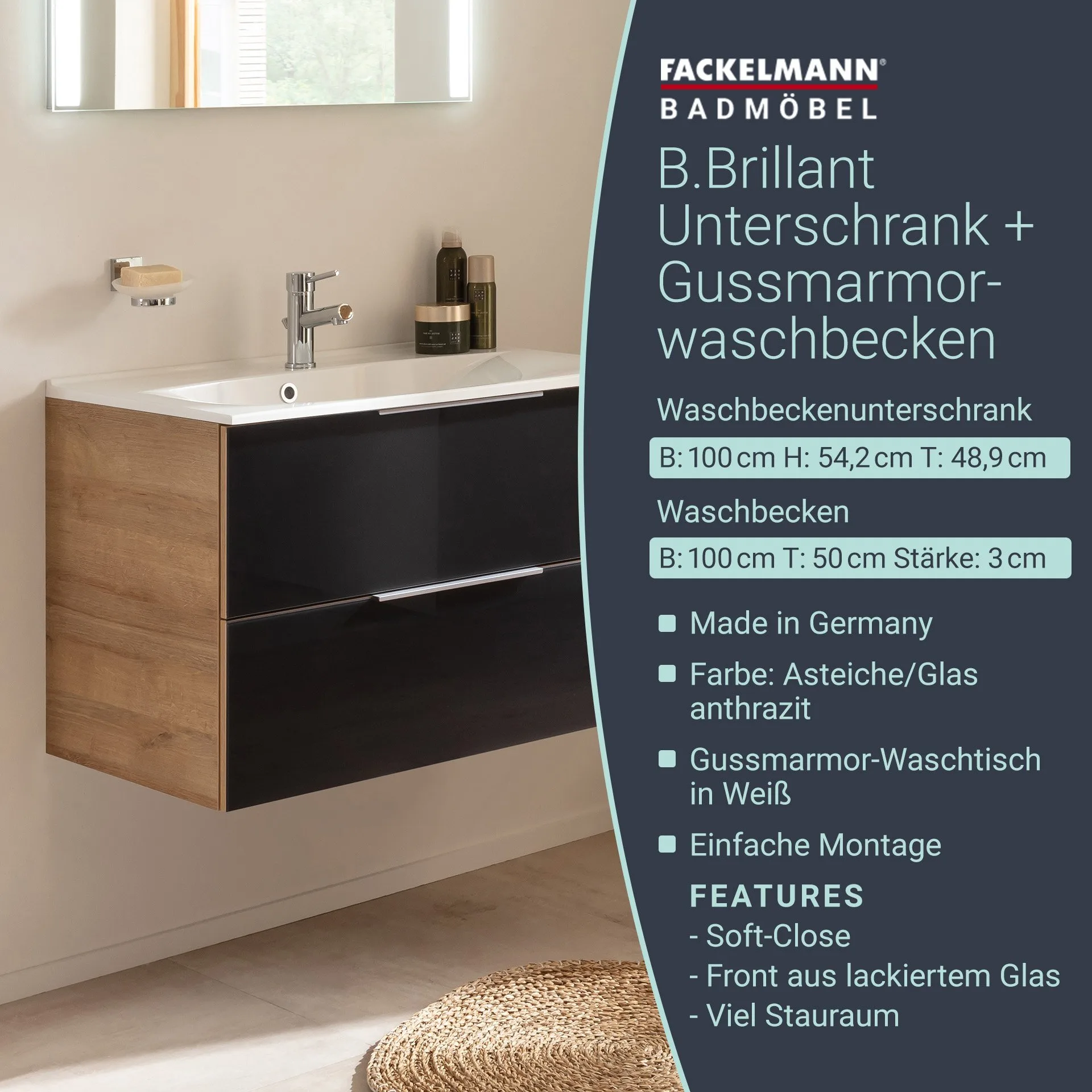FACKELMANN B.BRILLANT Waschbecken mit Unterschrank 100 cm breit, Anthrazit Glas/Braun hell, Waschbecken Gussmarmor Weiß