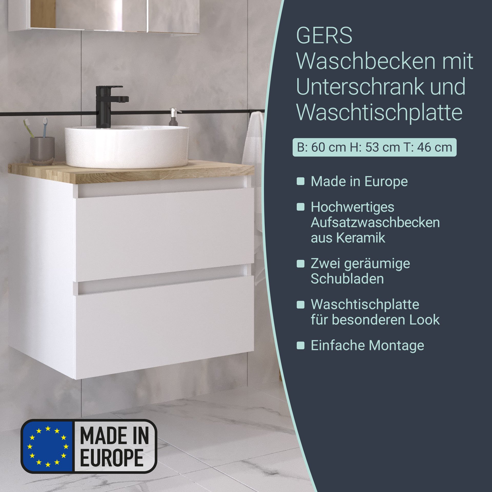 BADEDU GERS Waschbecken mit Unterschrank 60 cm breit, Weiß, Aufsatzwaschbecken Keramik Weiß, Waschtischplatte Braun hell