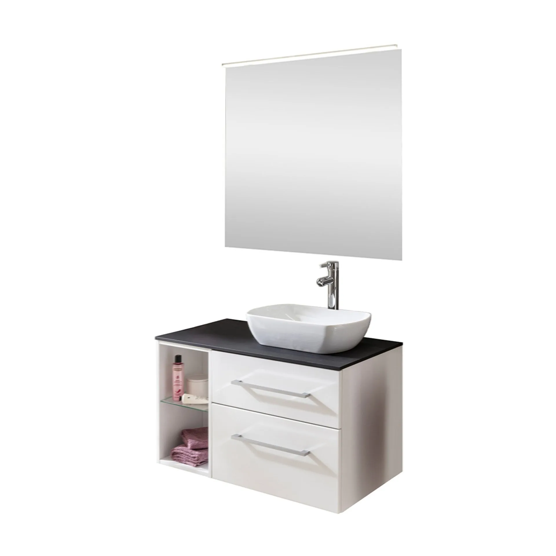 FACKELMANN OXFORD Badmöbel Set 7-teilig 90 cm breit, Weiß, Aufsatzwaschbecken Keramik Weiß + Waschtischplatte + LED Spiegel + Regal