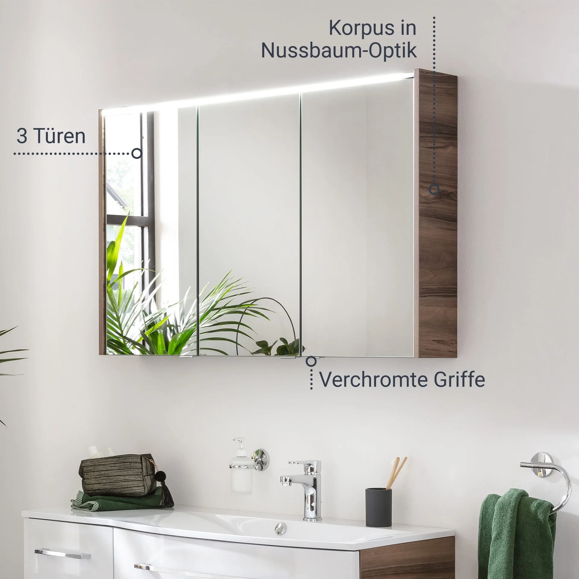 FACKELMANN VERONA LED Spiegelschrank 110 cm breit, Braun Dunkel