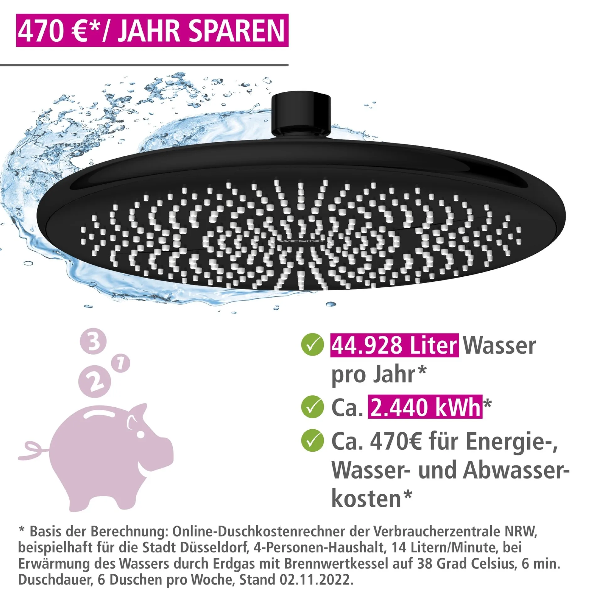 WENKO Duschkopf Regendusche Ø 22,5 cm, Schwarz, mit Wassersparsystem, 3 verschiedene Wasserstrahlarten