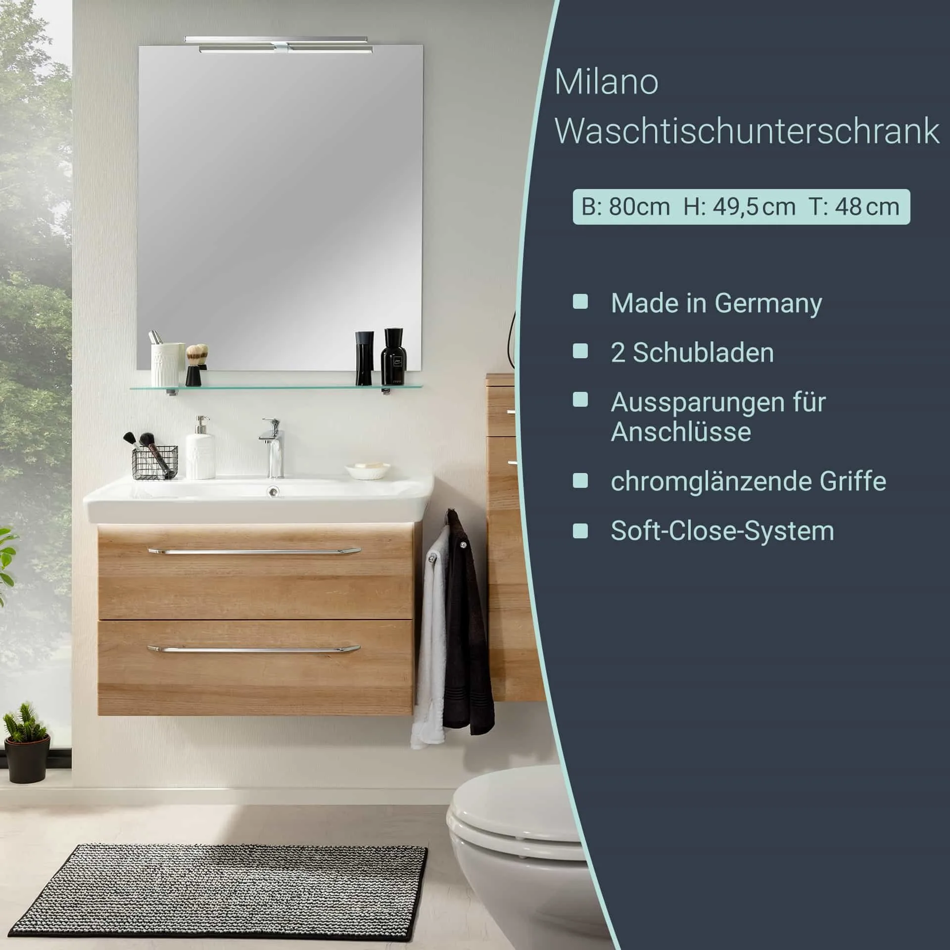 FACKELMANN MILANO Waschbeckenunterschrank 80 cm breit, Braun hell