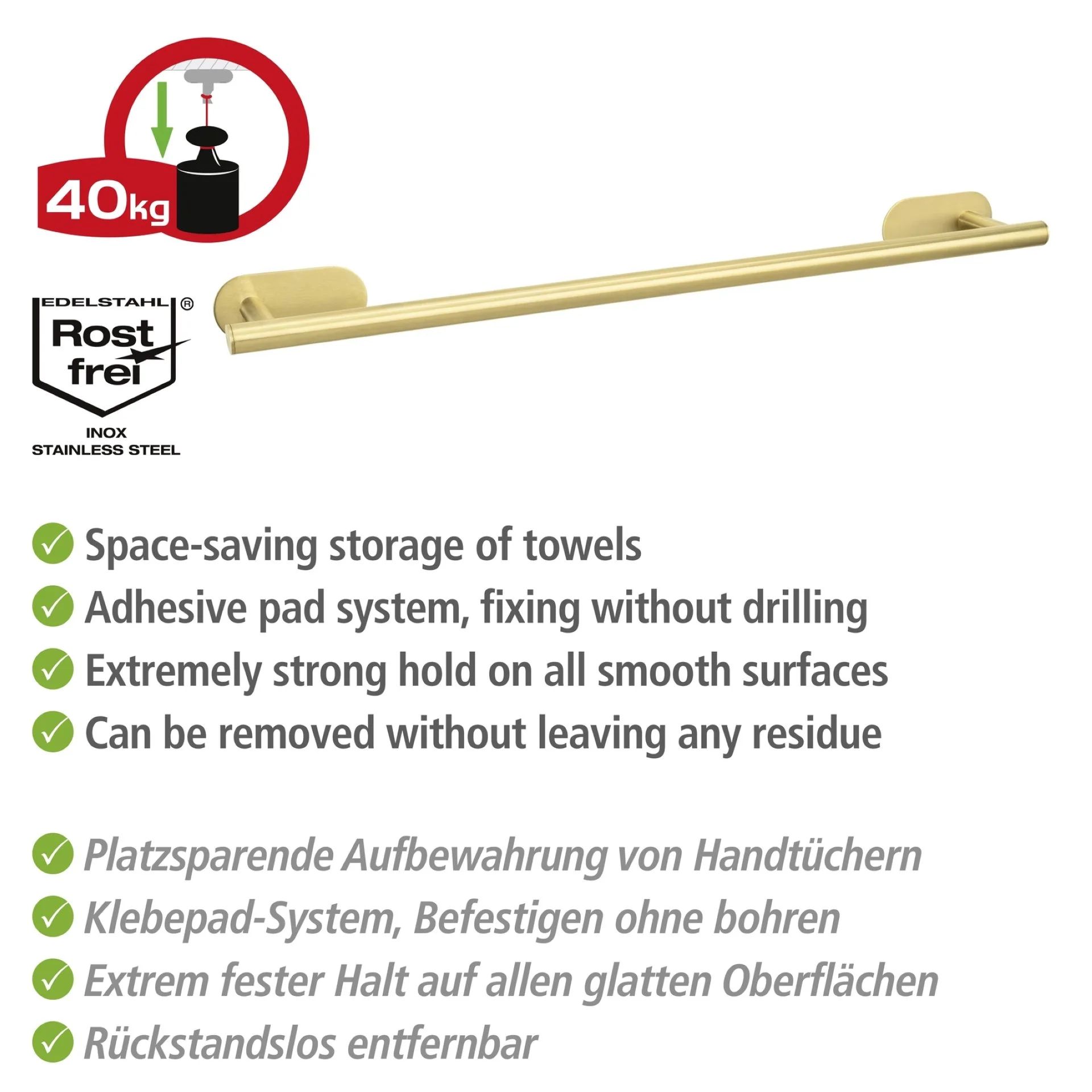 WENKO OREA Handtuchhalter 60 cm, Gold matt, Edelstahl, Befestigen ohne Bohren