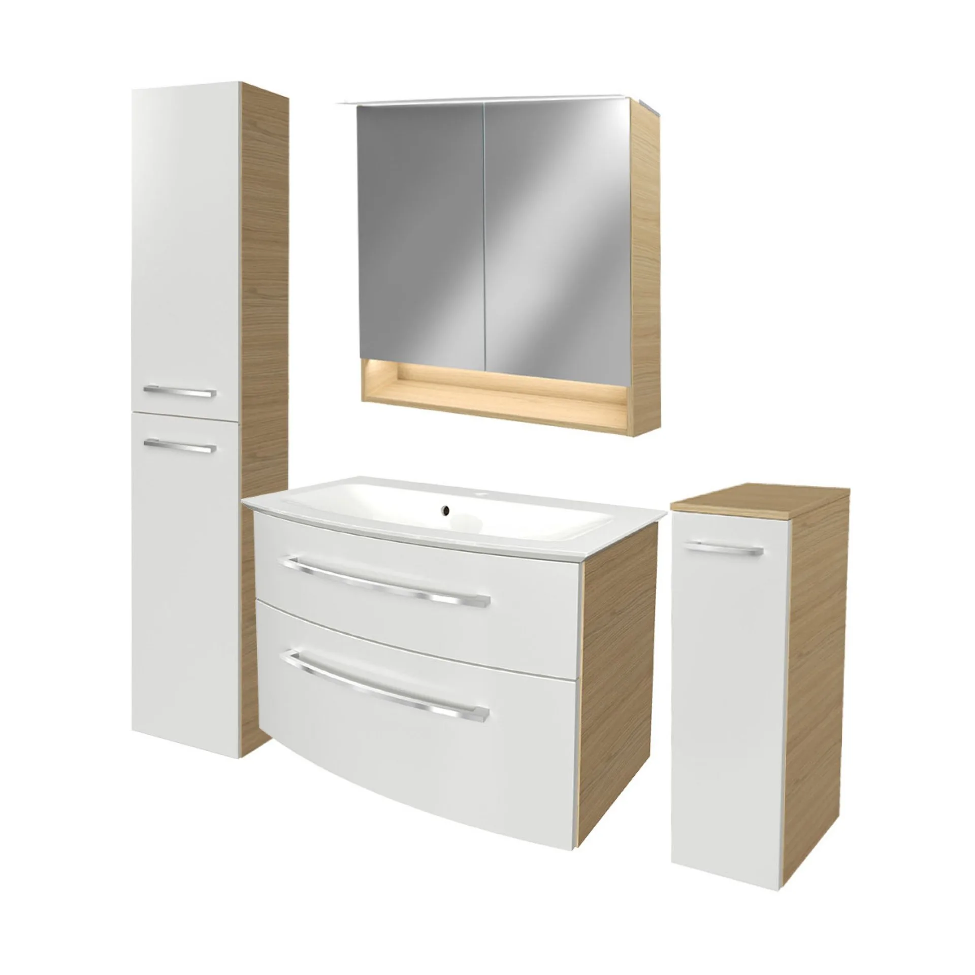 FACKELMANN B.STYLE Badmöbel Set 5-teilig 83 cm breit, Weiß/Braun + LED Spiegelschrank + Hochschrank + Midischrank