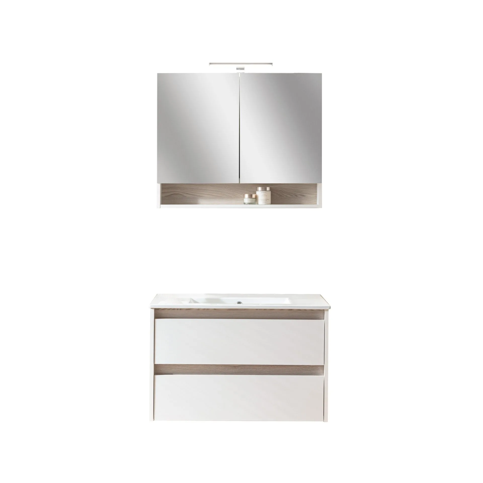 BADEDU OKA Waschtisch Set mit Spiegelschrank 81 cm breit, Weiß/Braun, Waschbecken Keramik Weiß + LED Aufsatzleuchte