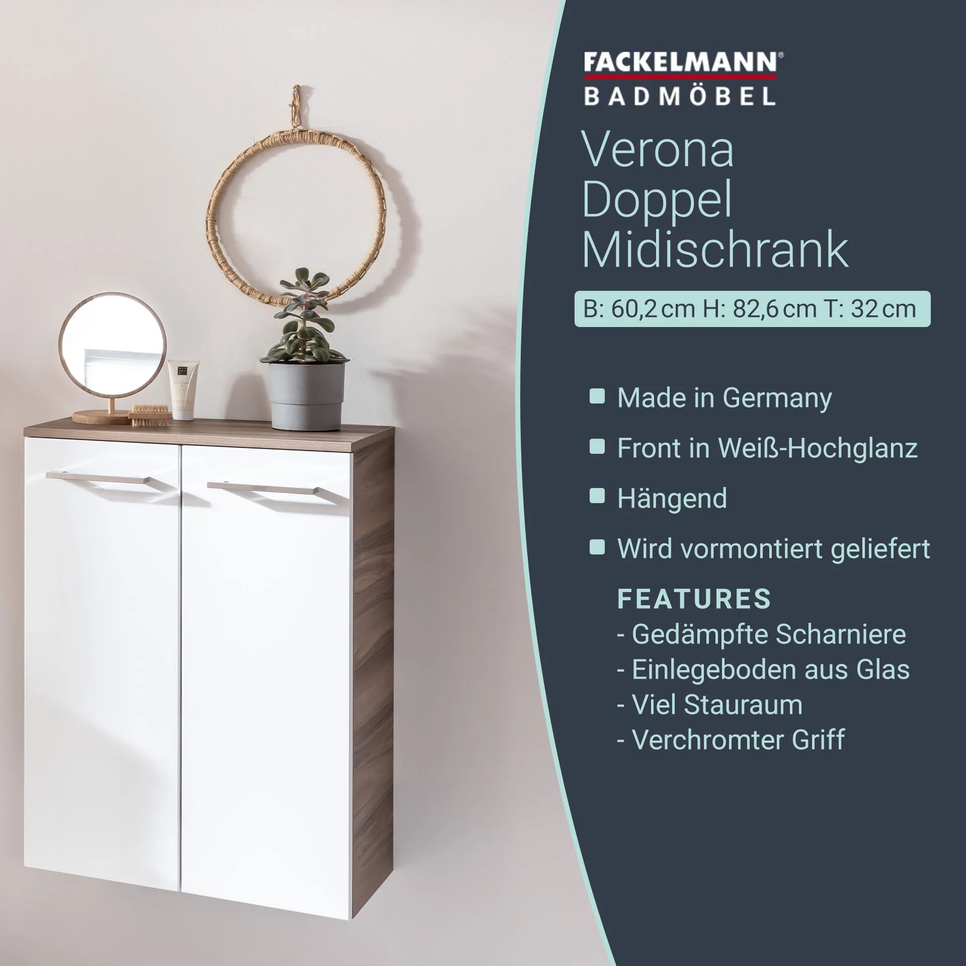 FACKELMANN VERONA Doppel Midischrank 60 cm breit, Weiß Hochglanz/Braun Dunkel, mit Schublade