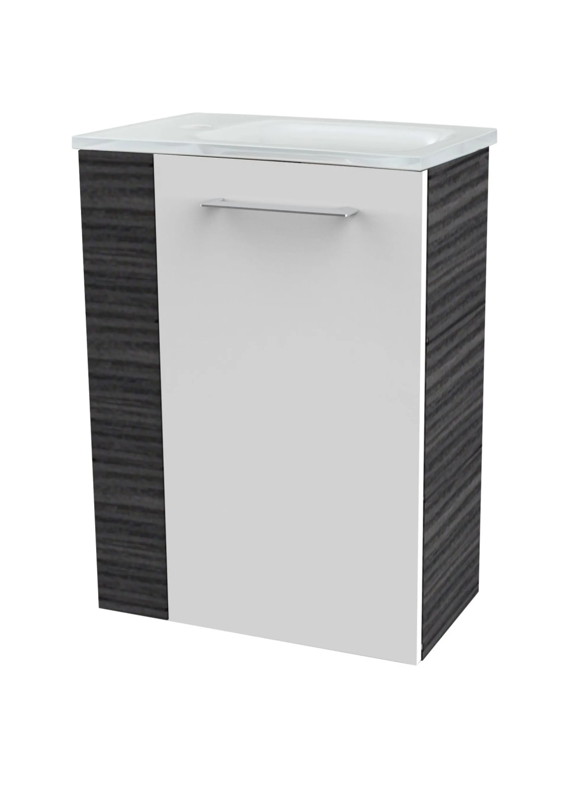 FACKELMANN SBC B.PERFEKT Gäste WC Waschtisch Set 45 cm breit, Weiß/Anthrazit Holzoptik, Waschbecken Glas Weiß, Türanschlag rechts