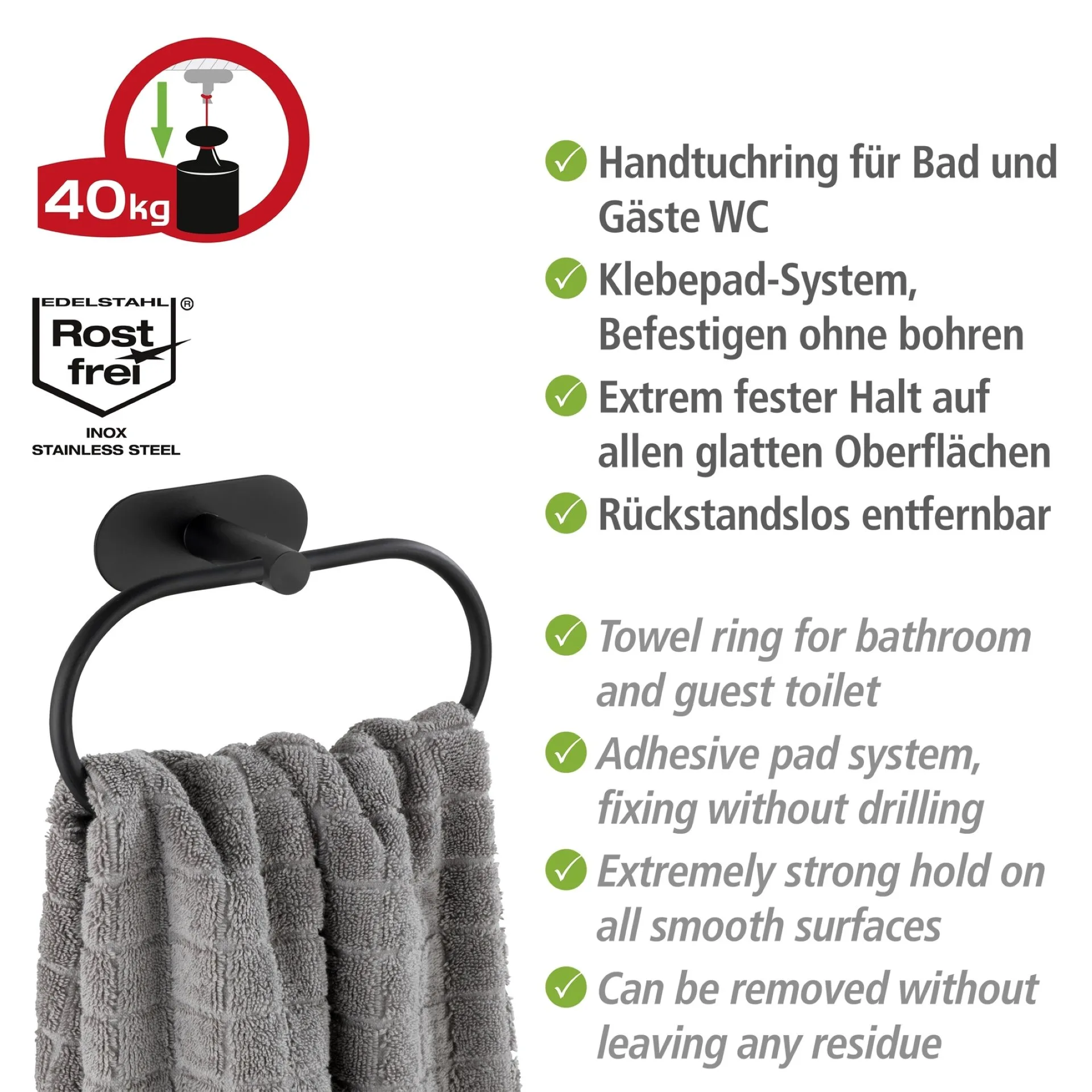 WENKO OREA Handtuchhalter, Schwarz matt, Befestigen ohne Bohren