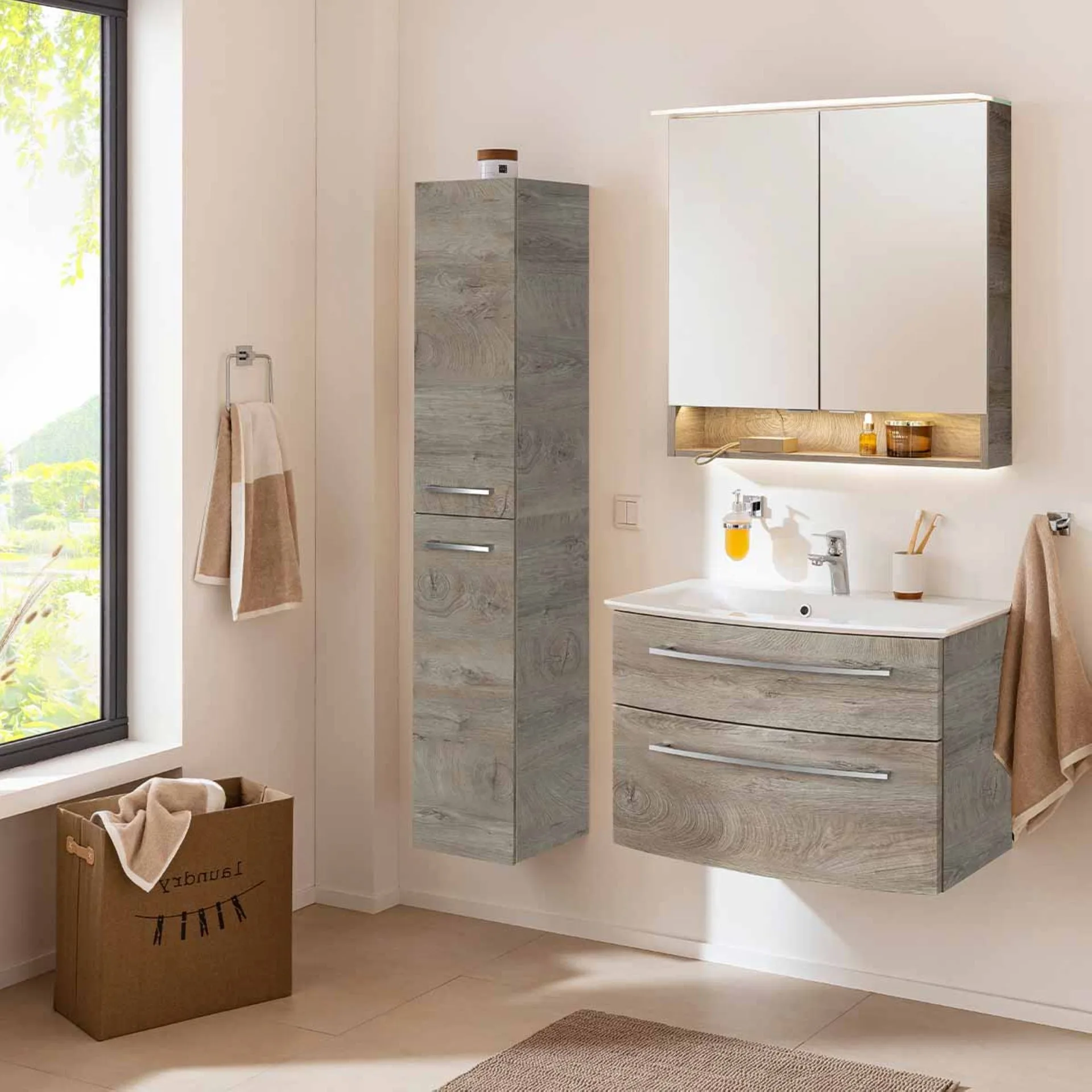 FACKELMANN B.STYLE Waschbecken mit Unterschrank 83 cm breit, Braun hell, Waschbecken Gussmarmor Weiß