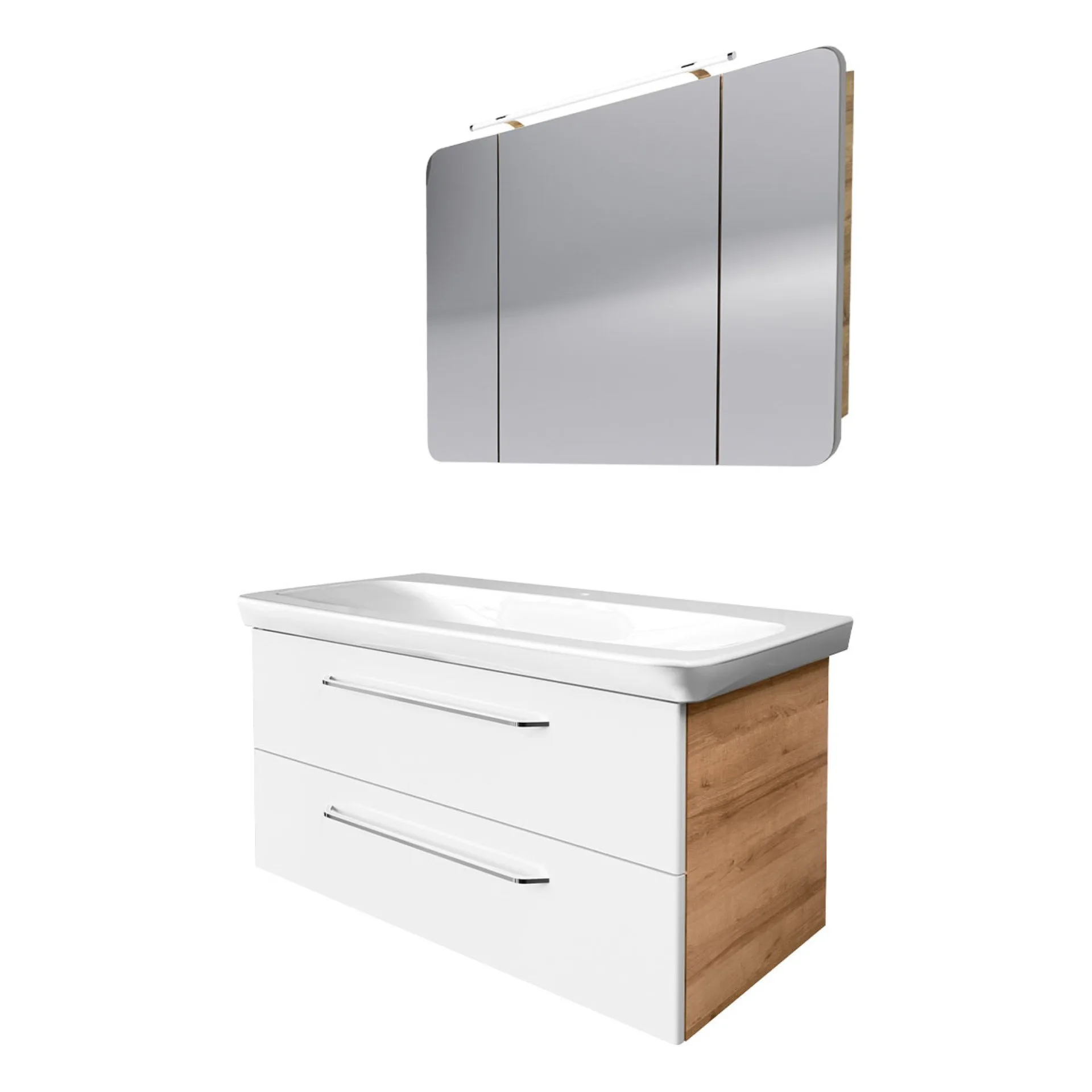FACKELMANN MILANO Waschtisch Set mit Spiegelschrank 107 cm breit, Weiß/Braun hell, Waschbecken Keramik Weiß