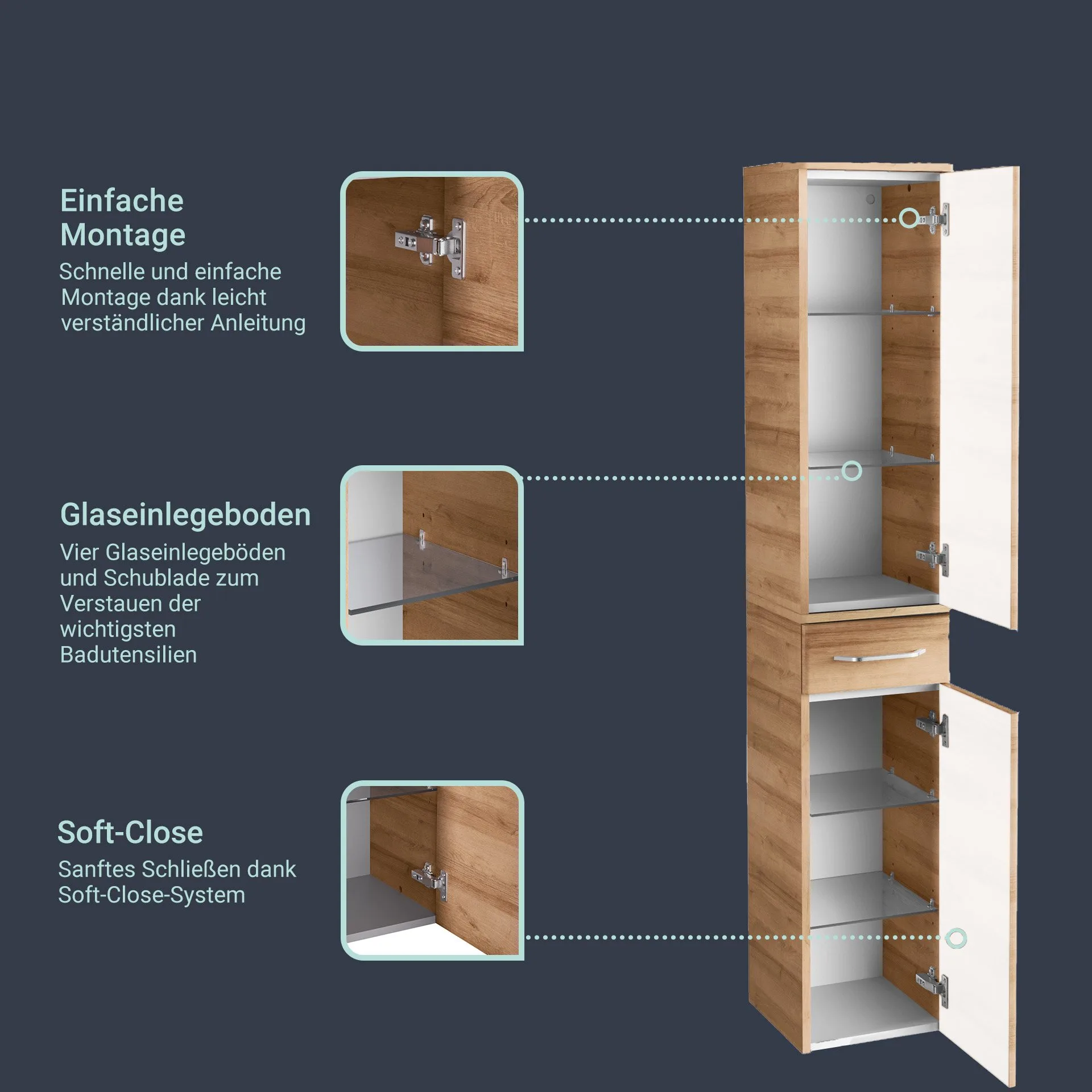 FACKELMANN MILANO Hochschrank + Midischrank mit Schublade 30 cm breit, Braun hell