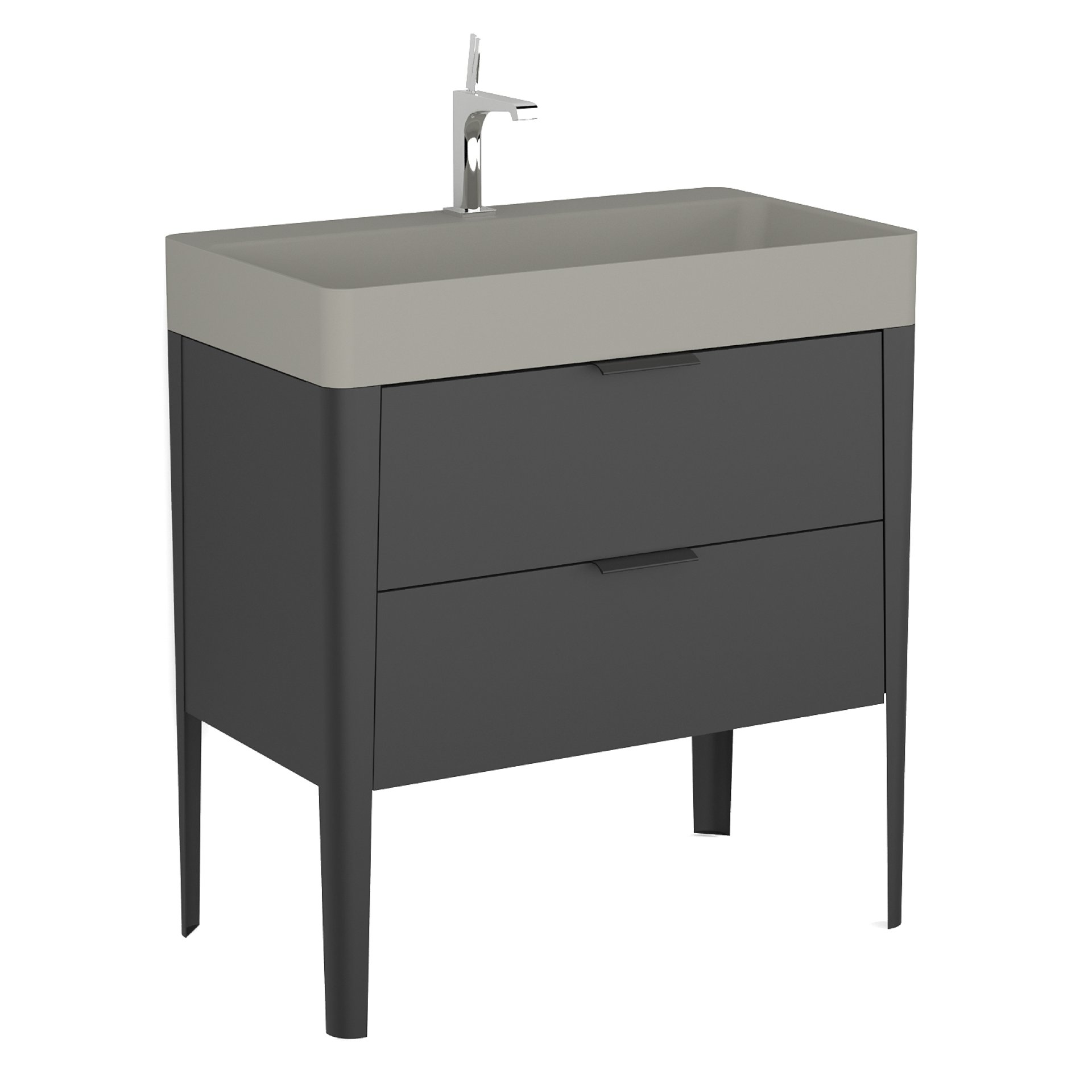 BADEDU SORA Waschbecken mit Unterschrank 80 cm breit, Schwarz matt, Waschbecken Quarzkomposit Grau, aus Aluminium, mit Füßen