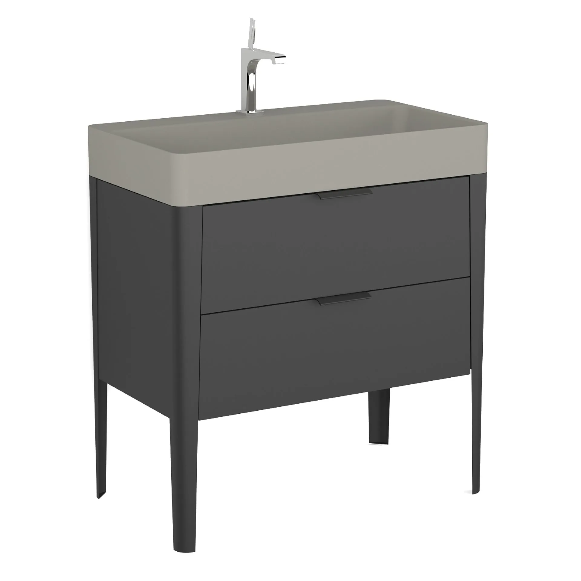 BADEDU SORA Waschbecken mit Unterschrank 80 cm breit, Schwarz matt, Waschbecken Quarzkomposit Grau, aus Aluminium, mit Füßen