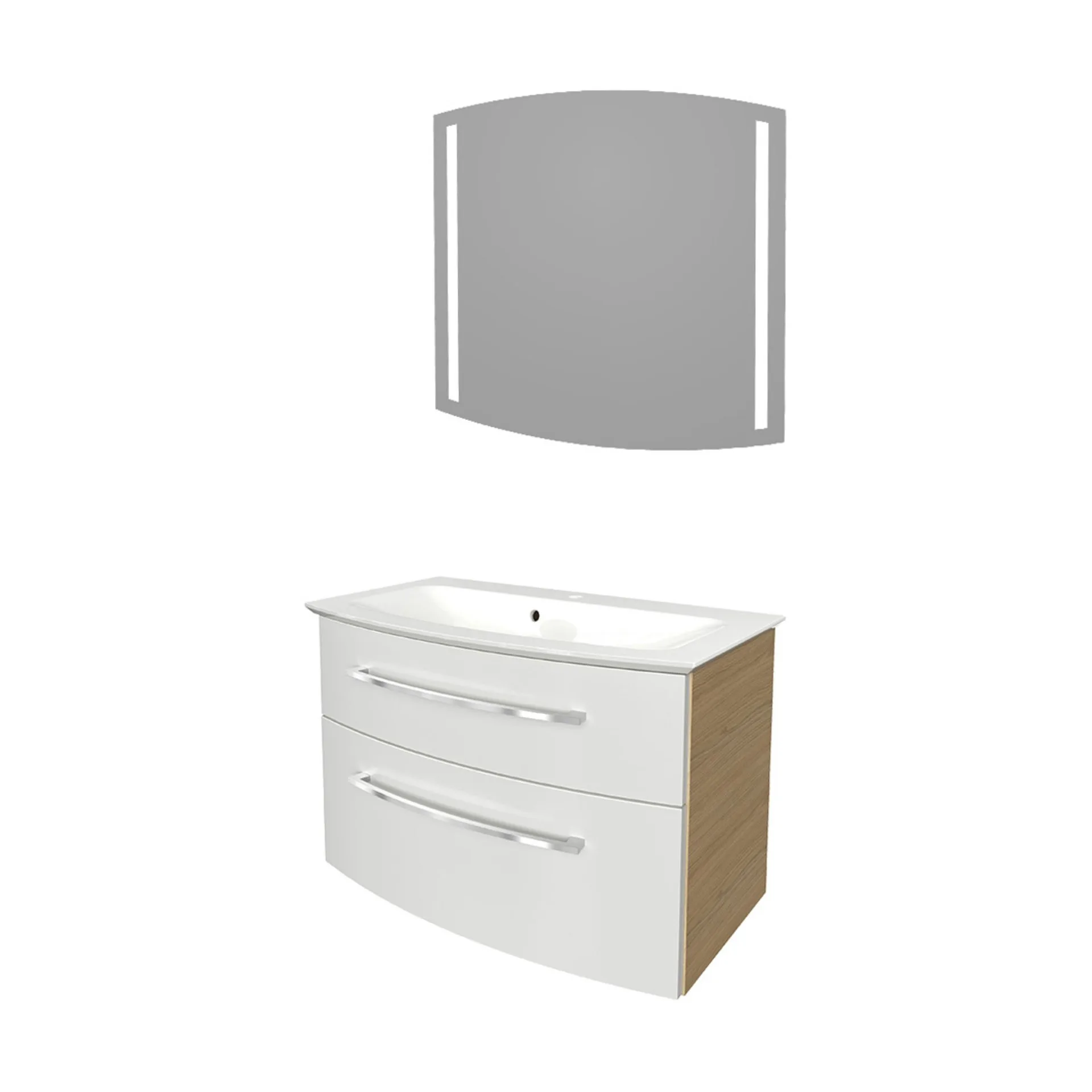 FACKELMANN B.STYLE Waschtisch Set mit Spiegel 80 cm breit, Weiß/Braun, Waschbecken Gussmarmor Weiß