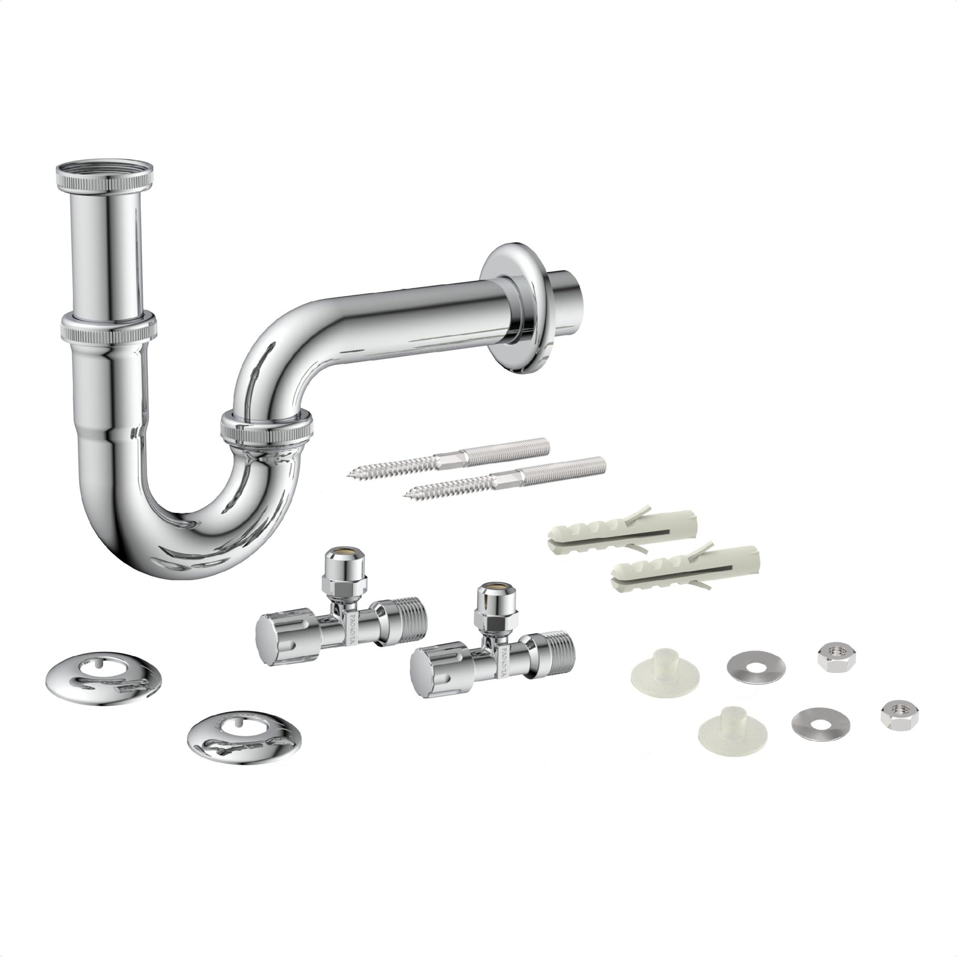 KIRCHHOFF Siphon, Chrom, 1 1/4 " x 32 mm, inkl. Befestigung und zwei Eckventilen