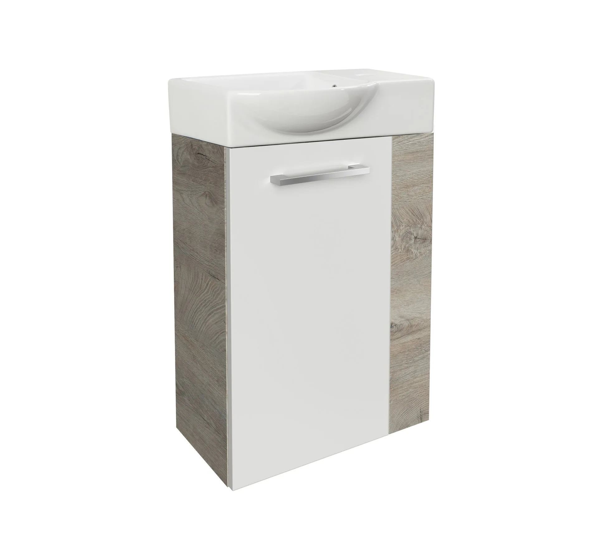 FACKELMANN SBC STANFORD Gäste WC Waschtisch Set 45 cm breit, Weiß/Braun hell, Waschbecken Keramik Weiß, Türanschlag links