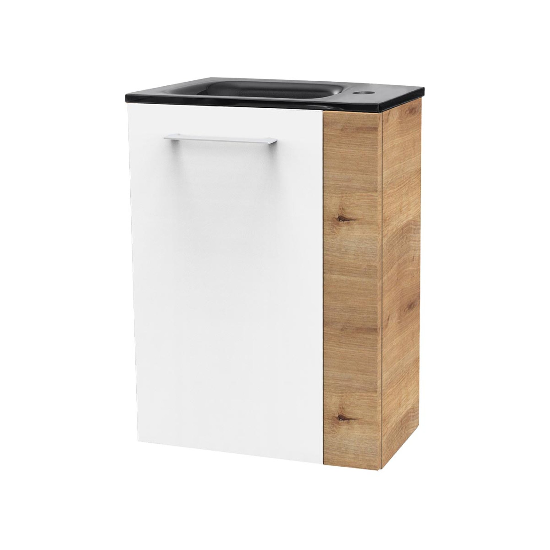 FACKELMANN SBC MILANO Gäste WC Waschtisch Set 45 cm breit, Weiß/Braun hell, Waschbecken Glas Anthrazit, Türanschlag links