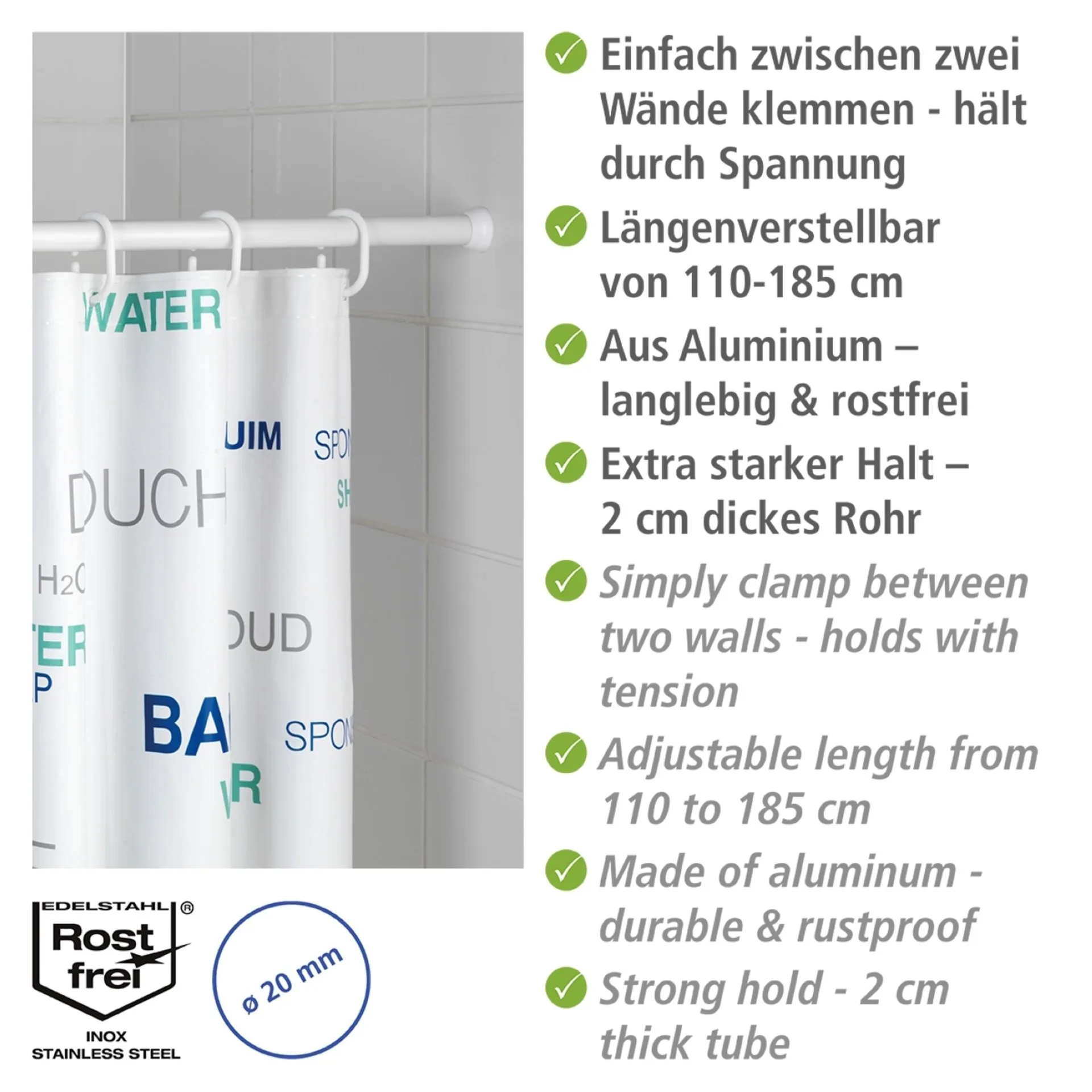 WENKO Teleskop-Duschstange 110-185 cm, Weiß, Aluminium rostfrei