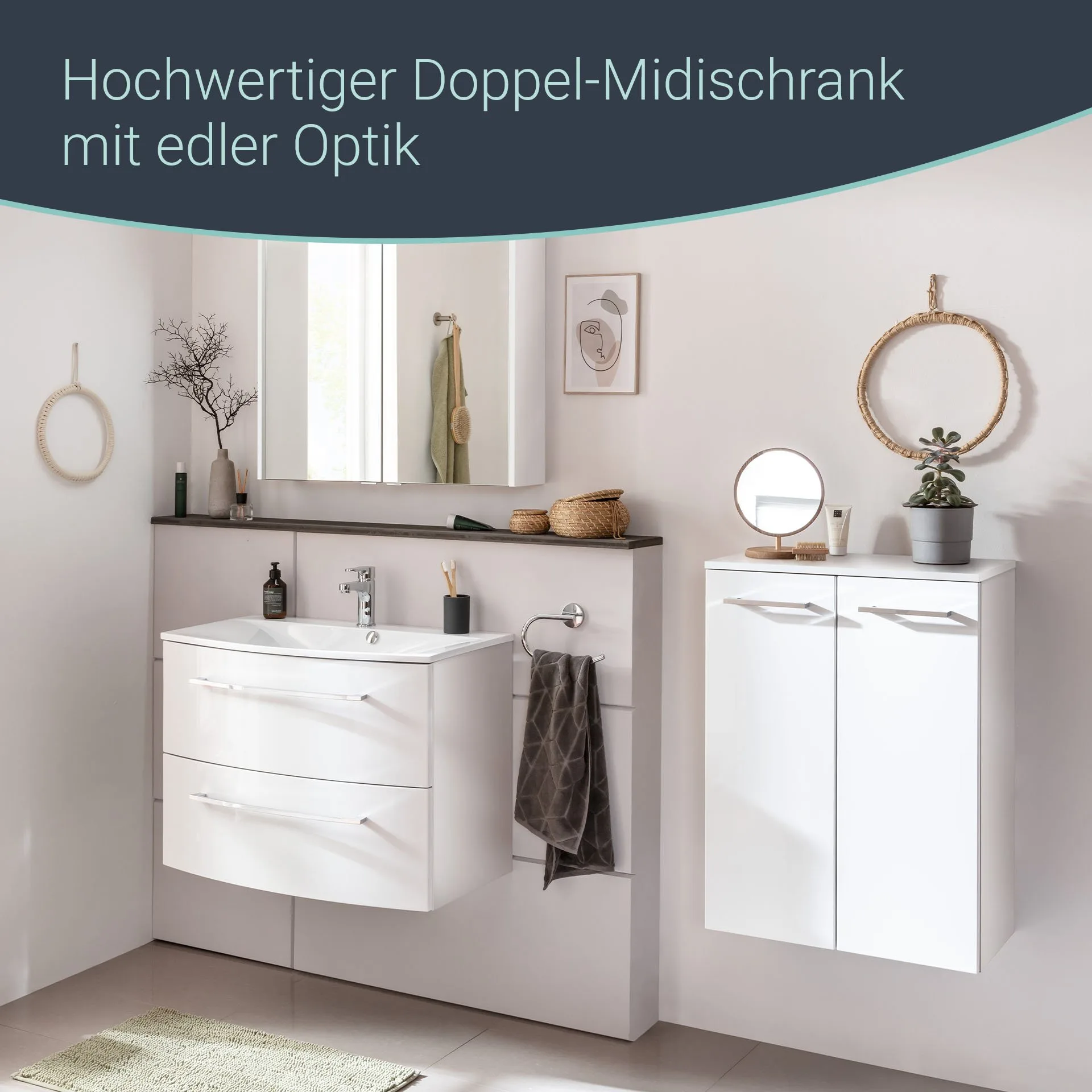 Fackelmann VERONA Doppel Midischrank 60 cm, Weiß Hochglanz