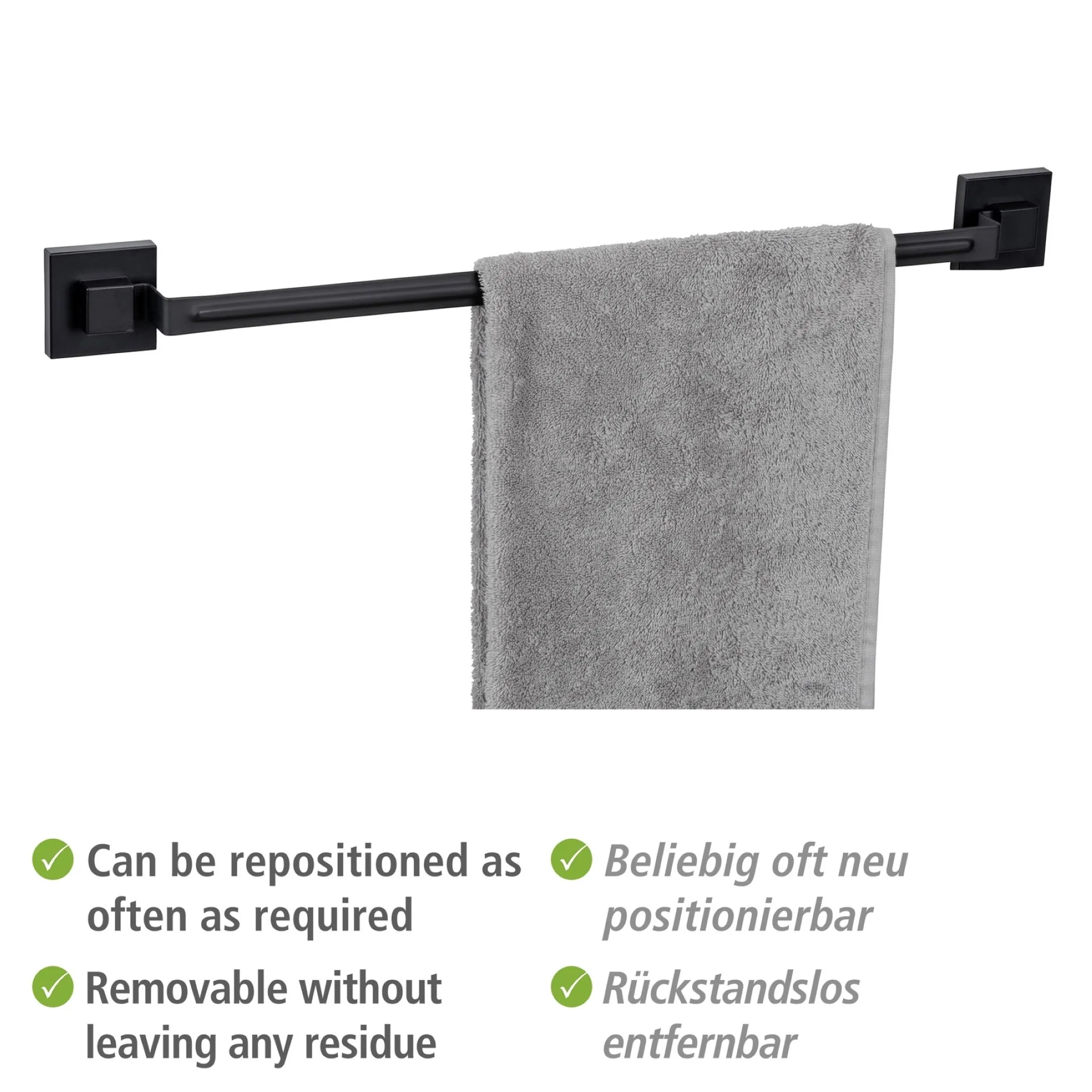 WENKO QUADRO Handtuchhalter, Schwarz, Befestigen ohne Bohren