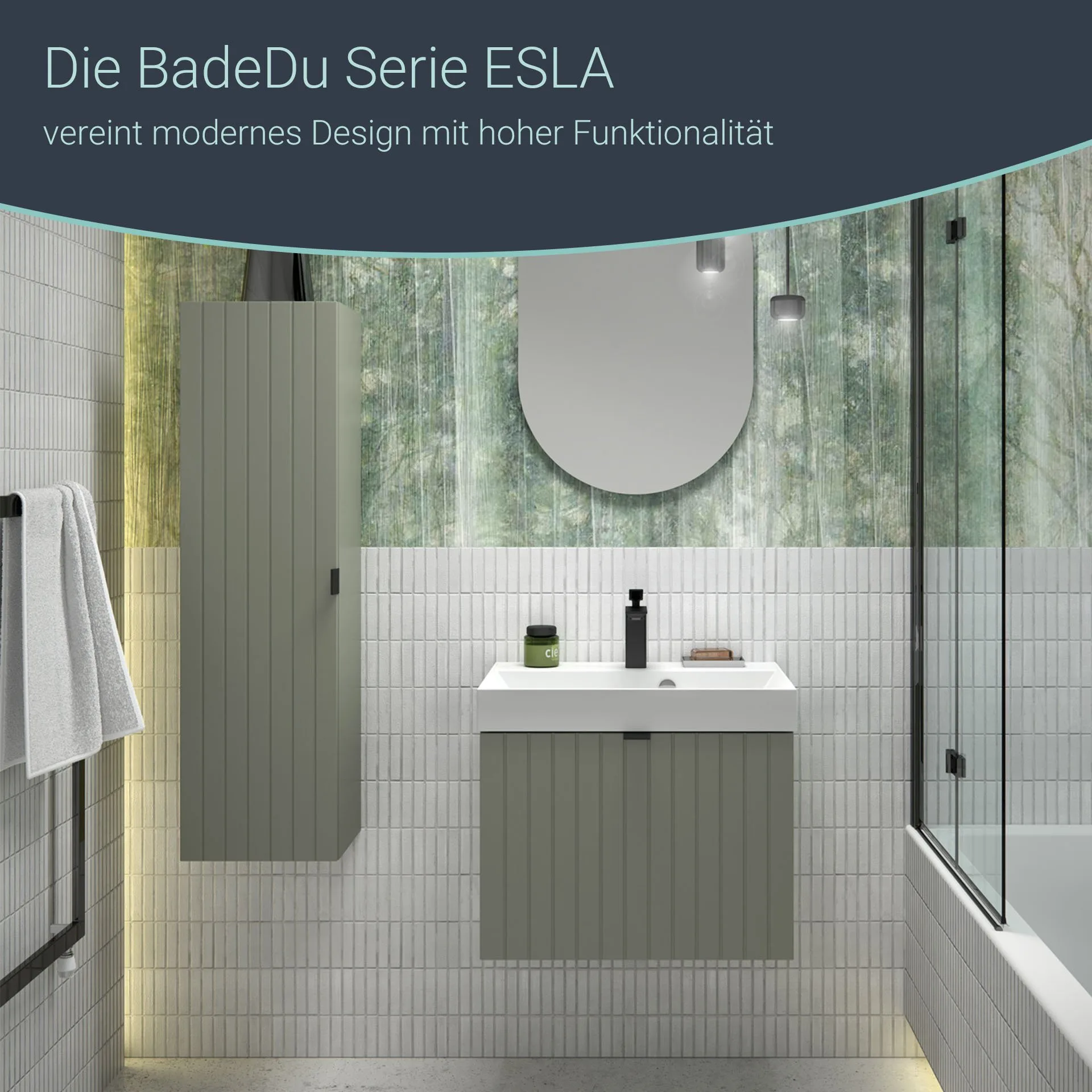 BADEDU ESLA Waschbecken mit Unterschrank 59 cm breit, Grün, Waschbecken Gussmarmor Weiß
