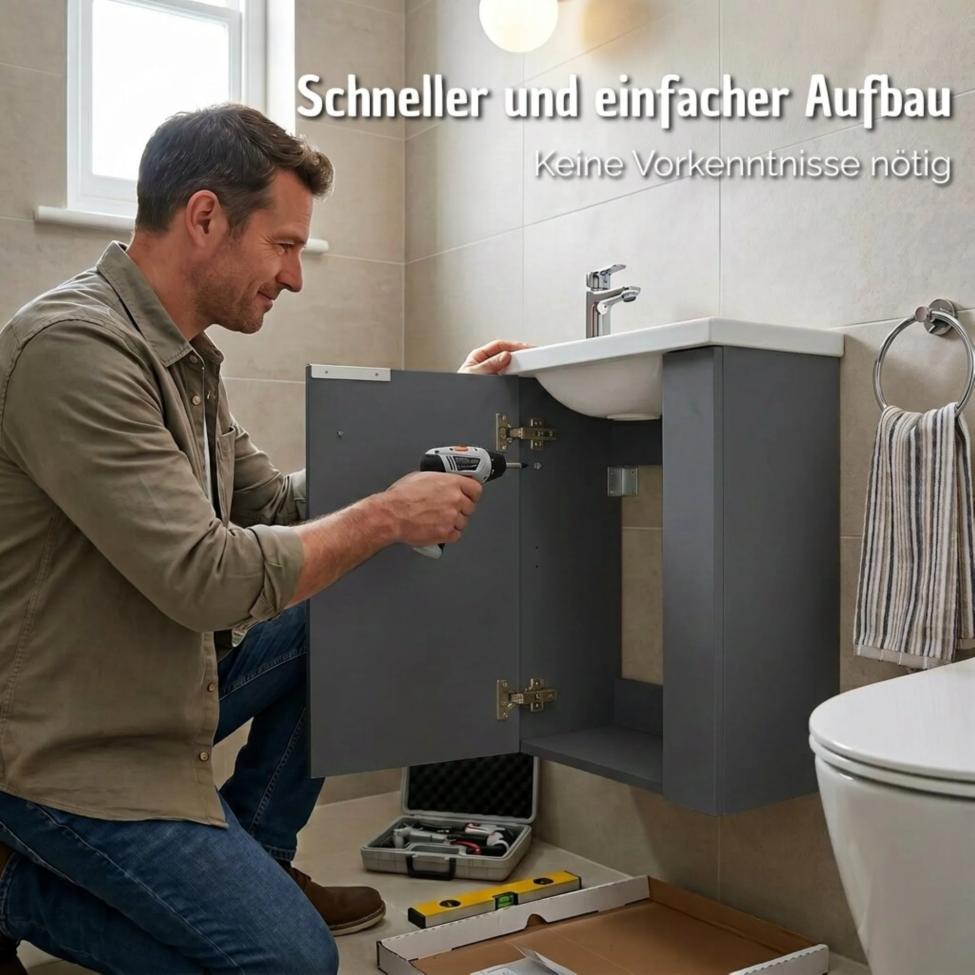 BADEDU UMEA Gäste WC Waschtisch Set 50 cm breit, Anthrazit, Waschbecken Gussmarmor Weiß