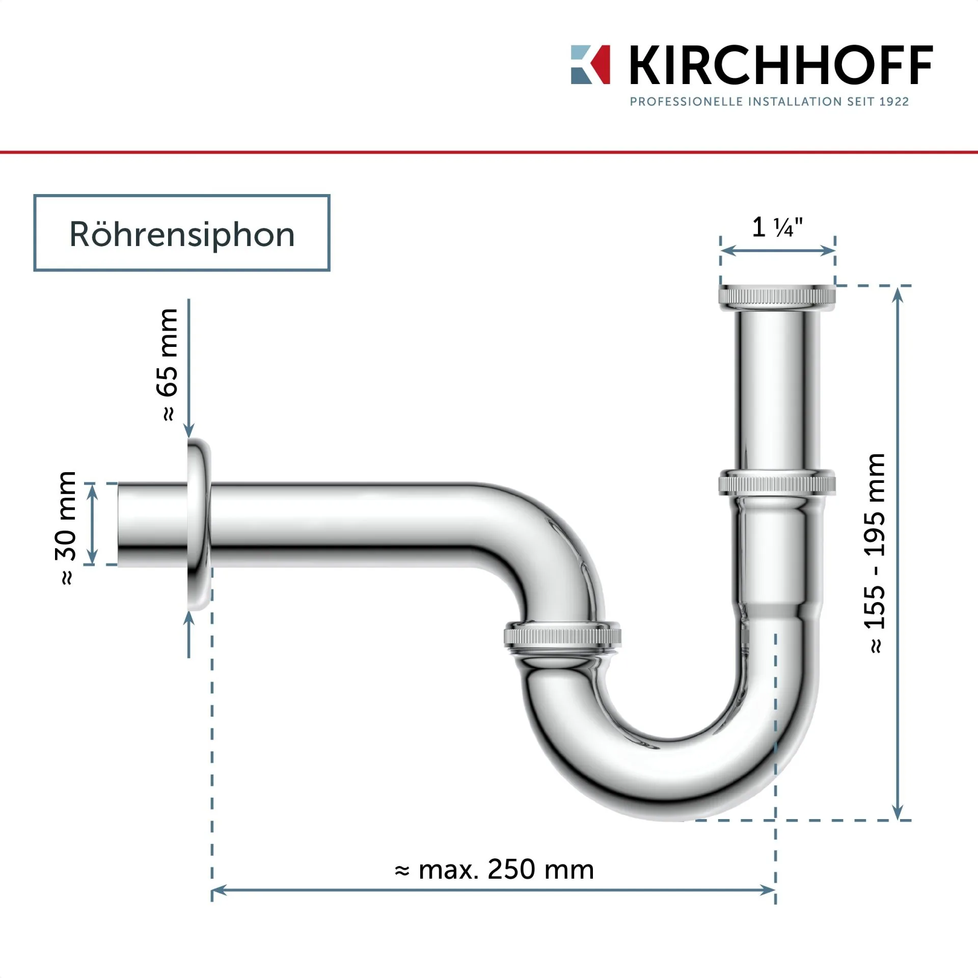 KIRCHHOFF Siphon, Chrom, 1 1/4 " x 32 mm, inkl. Befestigung und zwei Eckventilen