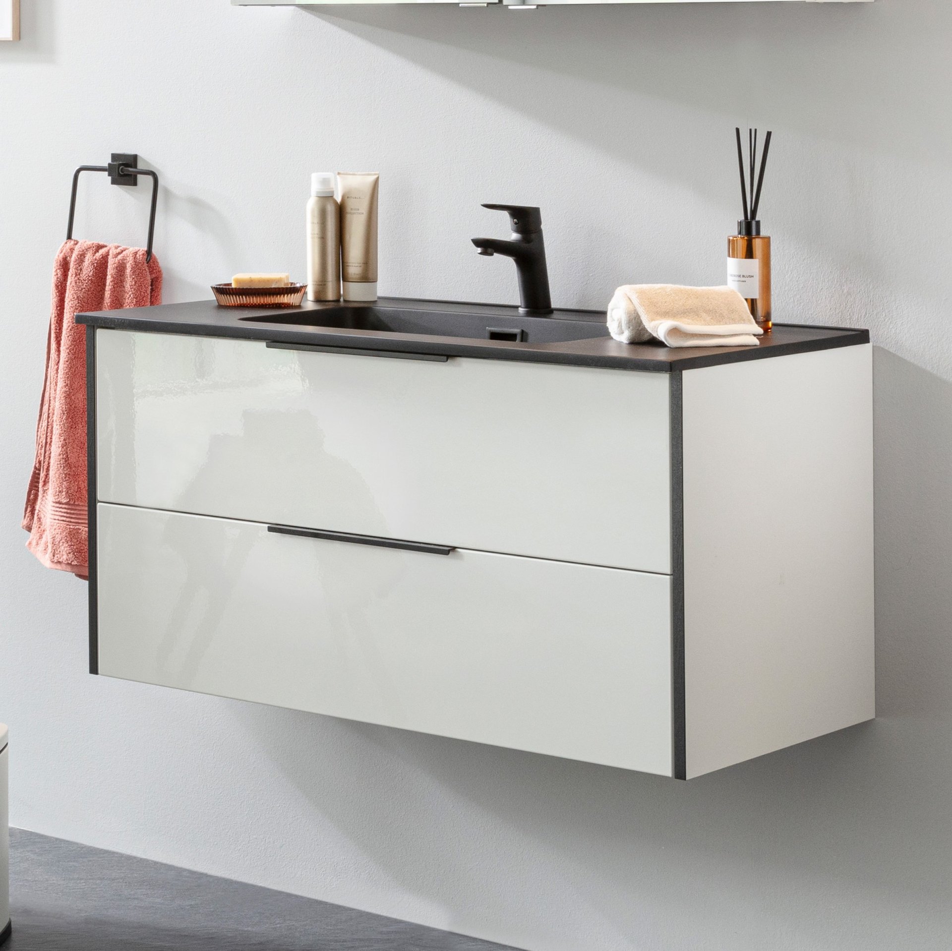 FACKELMANN FLAIR Waschbecken mit Unterschrank 101 cm breit, Weiß/Anthrazit, Waschbecken Gussmarmor Schwarz matt