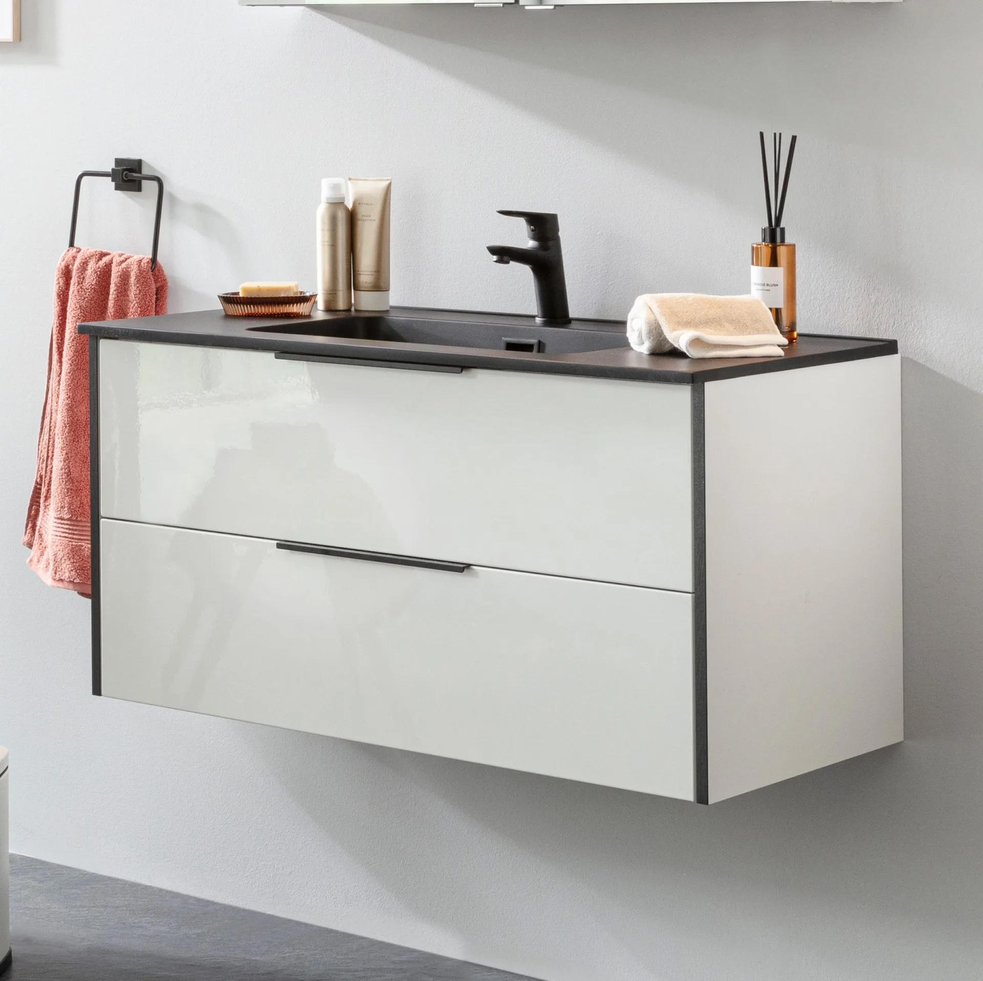 FACKELMANN FLAIR Waschbecken mit Unterschrank 101 cm breit, Weiß/Anthrazit, Waschbecken Gussmarmor Schwarz matt