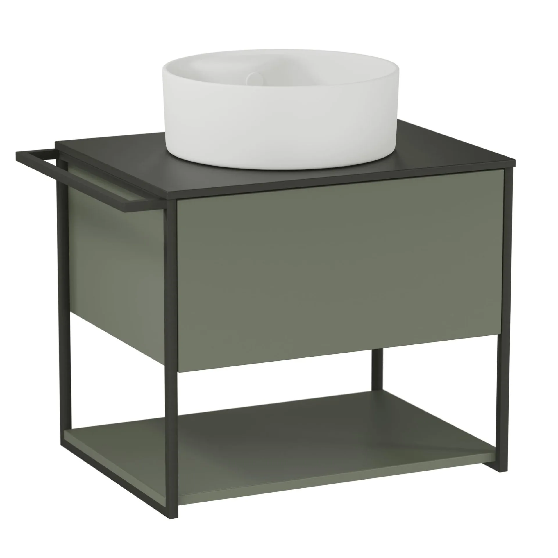 BADEDU DUNA Waschbecken mit Unterschrank 60 cm breit, Grün, Aufsatzwaschbecken Keramik Weiß, Waschtischplatte Anthrazit