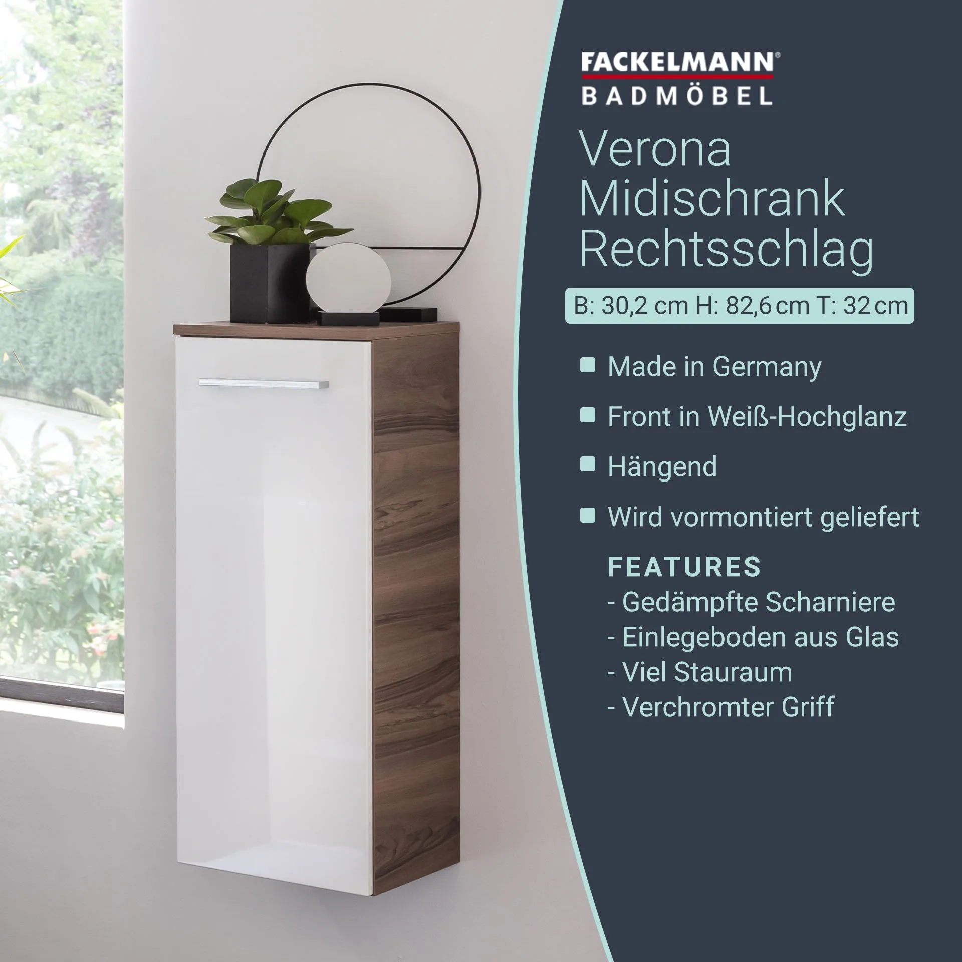 FACKELMANN VERONA Midischrank 30 cm breit, Weiß Hochglanz/Braun Dunkel, Türanschlag rechts