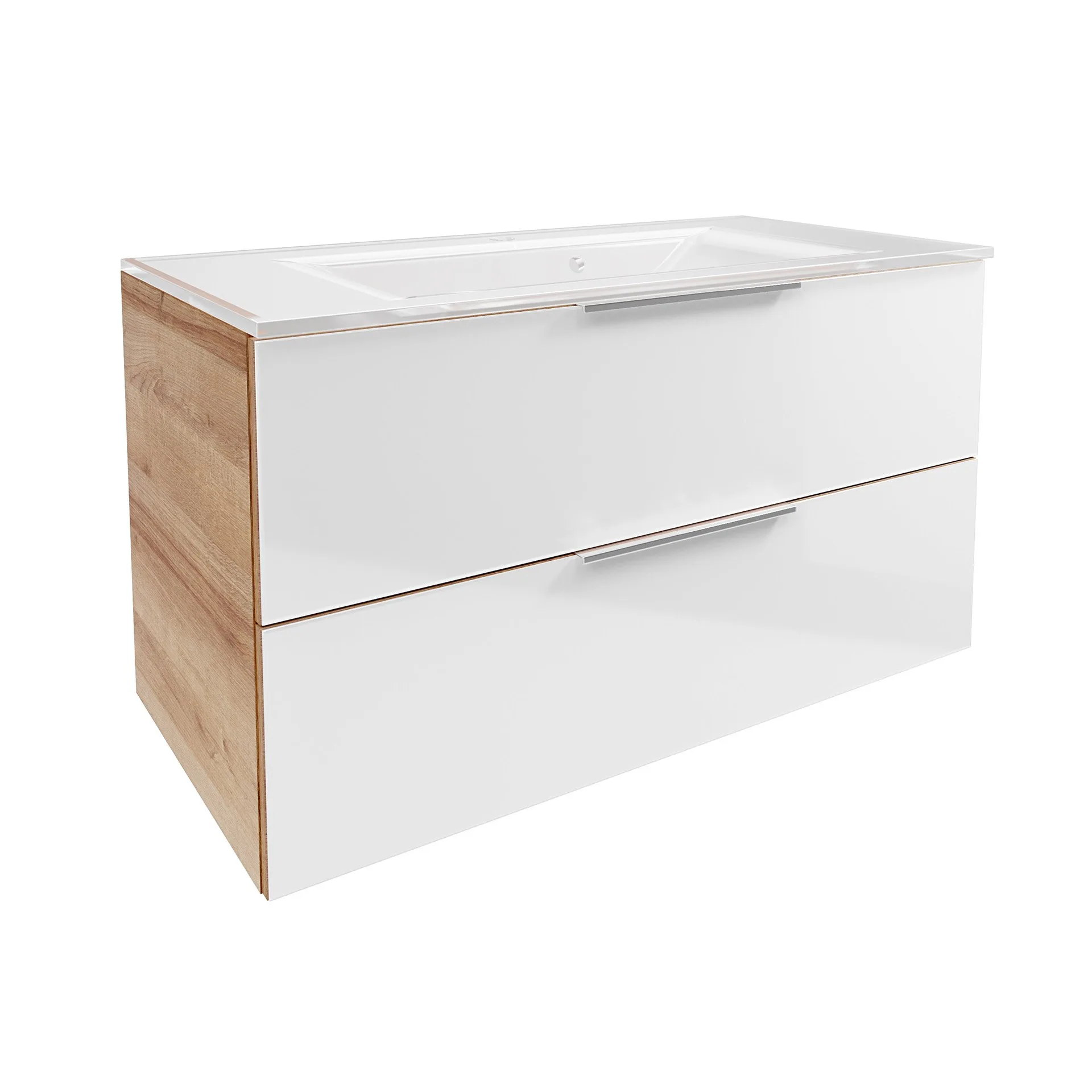 FACKELMANN B.BRILLANT Waschbecken mit Unterschrank 100 cm breit, Weiß Glas/Braun hell, Waschbecken Glas Weiß