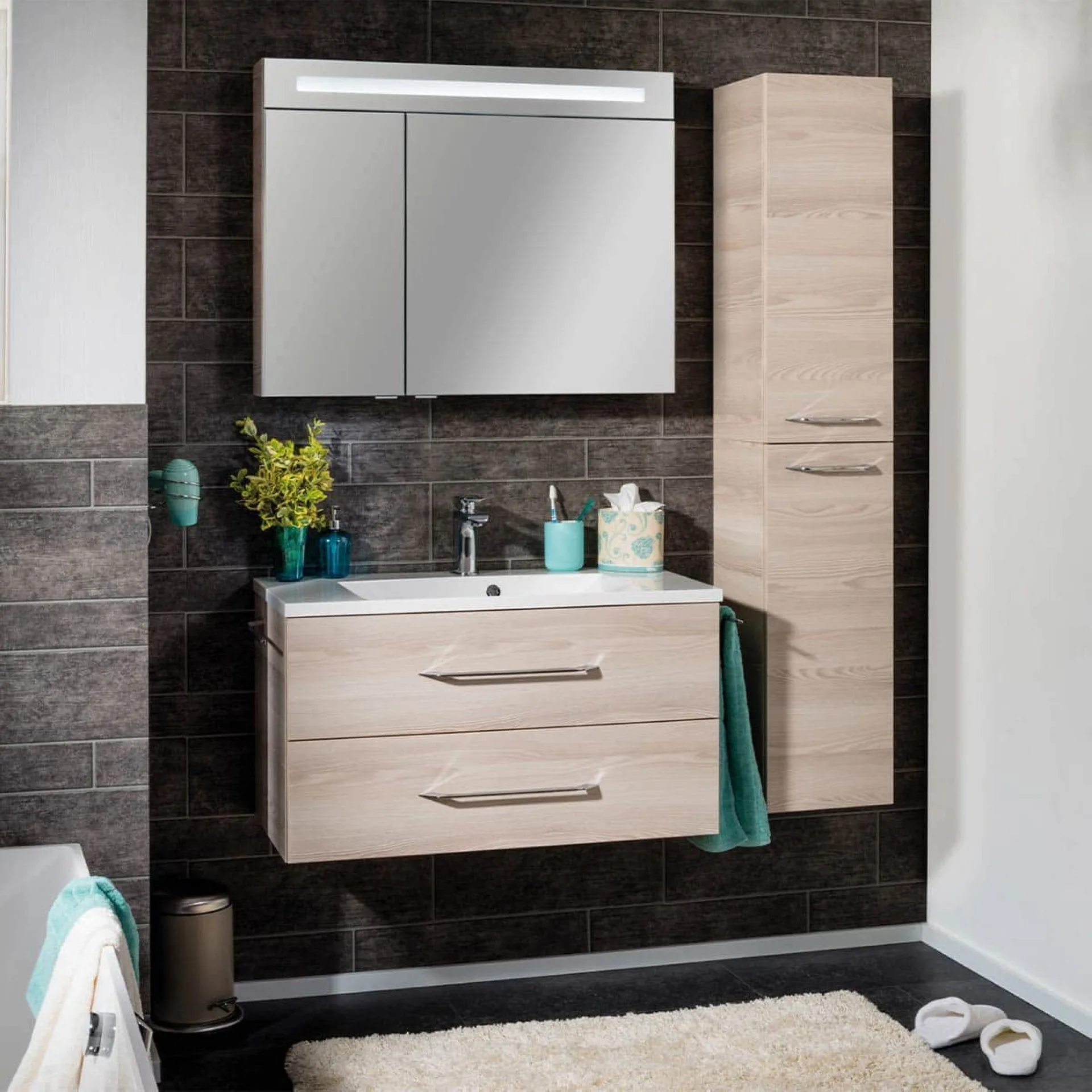 FACKELMANN B.CLEVER Waschtisch Set mit Spiegelschrank 90 cm breit, Braun hell, Waschbecken Gussmarmor Weiß
