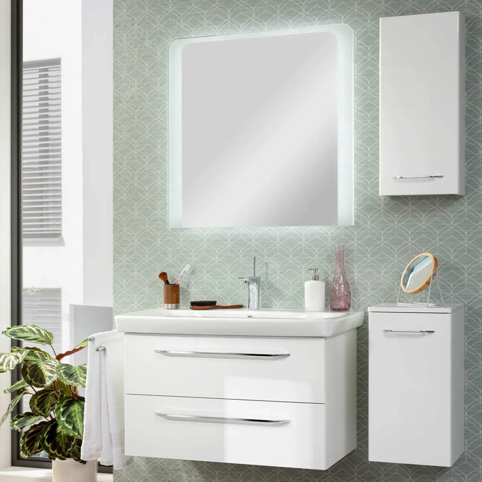 FACKELMANN MILANO Badmöbel Set 5-teilig 88 cm breit, Weiß, Waschbecken Keramik Weiß + LED Spiegel + Unterschrank + Hängeschrank