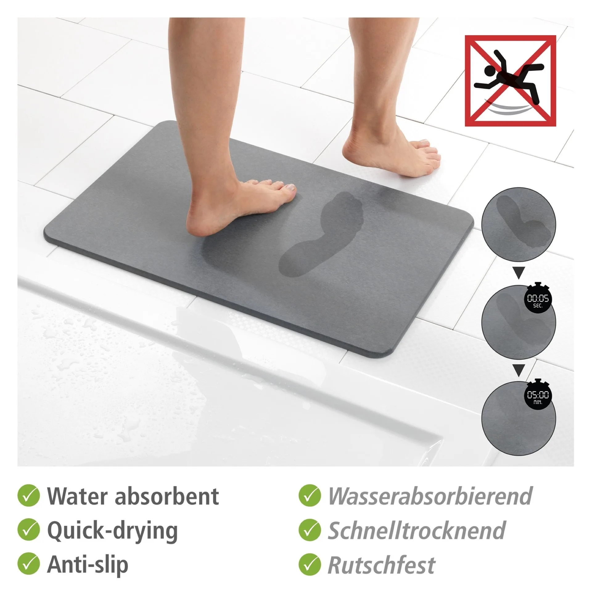 WENKO SIMI Badematte 60 x 39 cm, Grau, aus natürlichem Diatomit