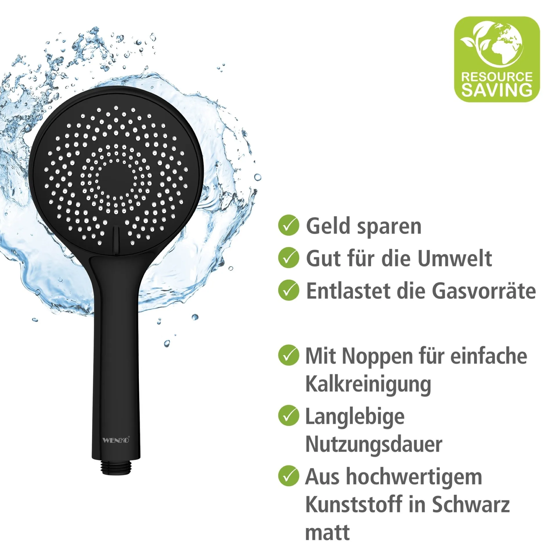 WENKO Stangenbrause Set 70 cm, Schwarz, mit Wassersparsystem, 3 verschiedene Wasserstrahlarten, Edelstahl