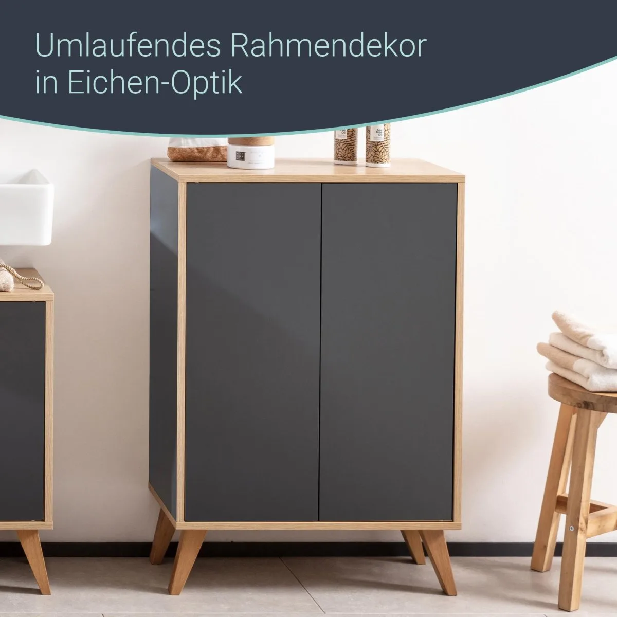 FACKELMANN FINN Doppel Midischrank 60 cm breit, Anthrazit/Braun hell + Holzfüße