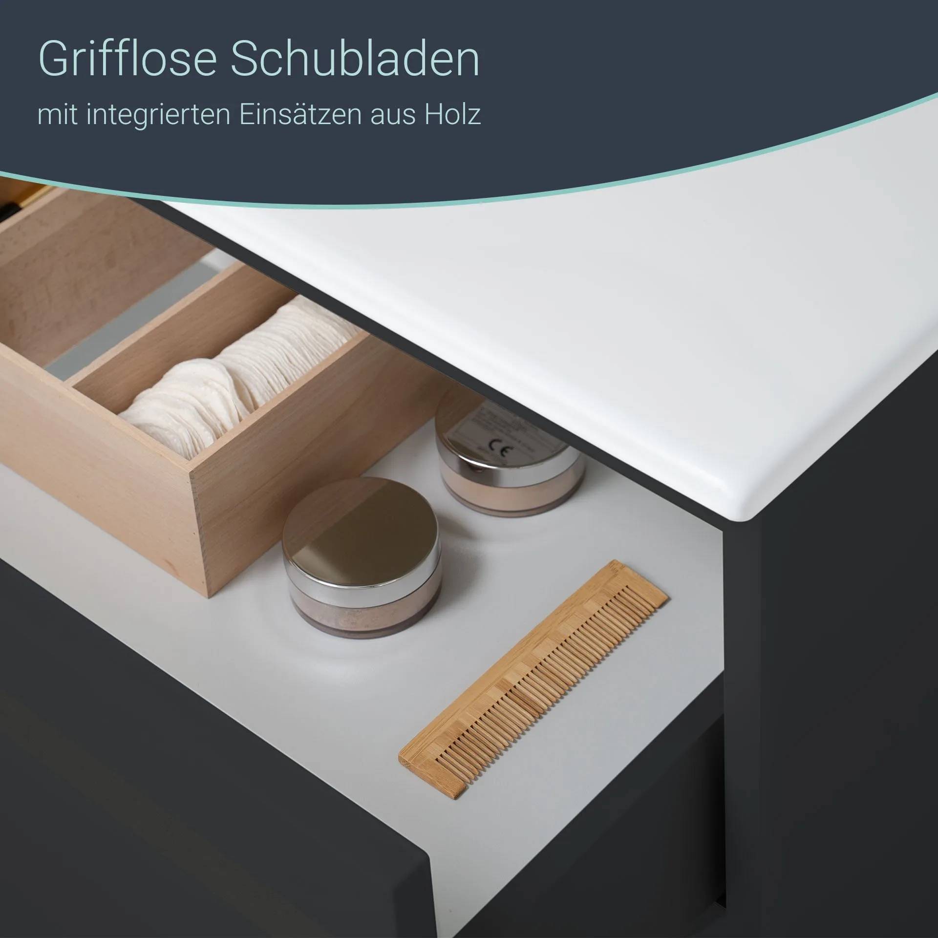 BADEDU GERS Waschbecken mit Unterschrank 60 cm breit, Grau, Waschbecken Keramik Weiß