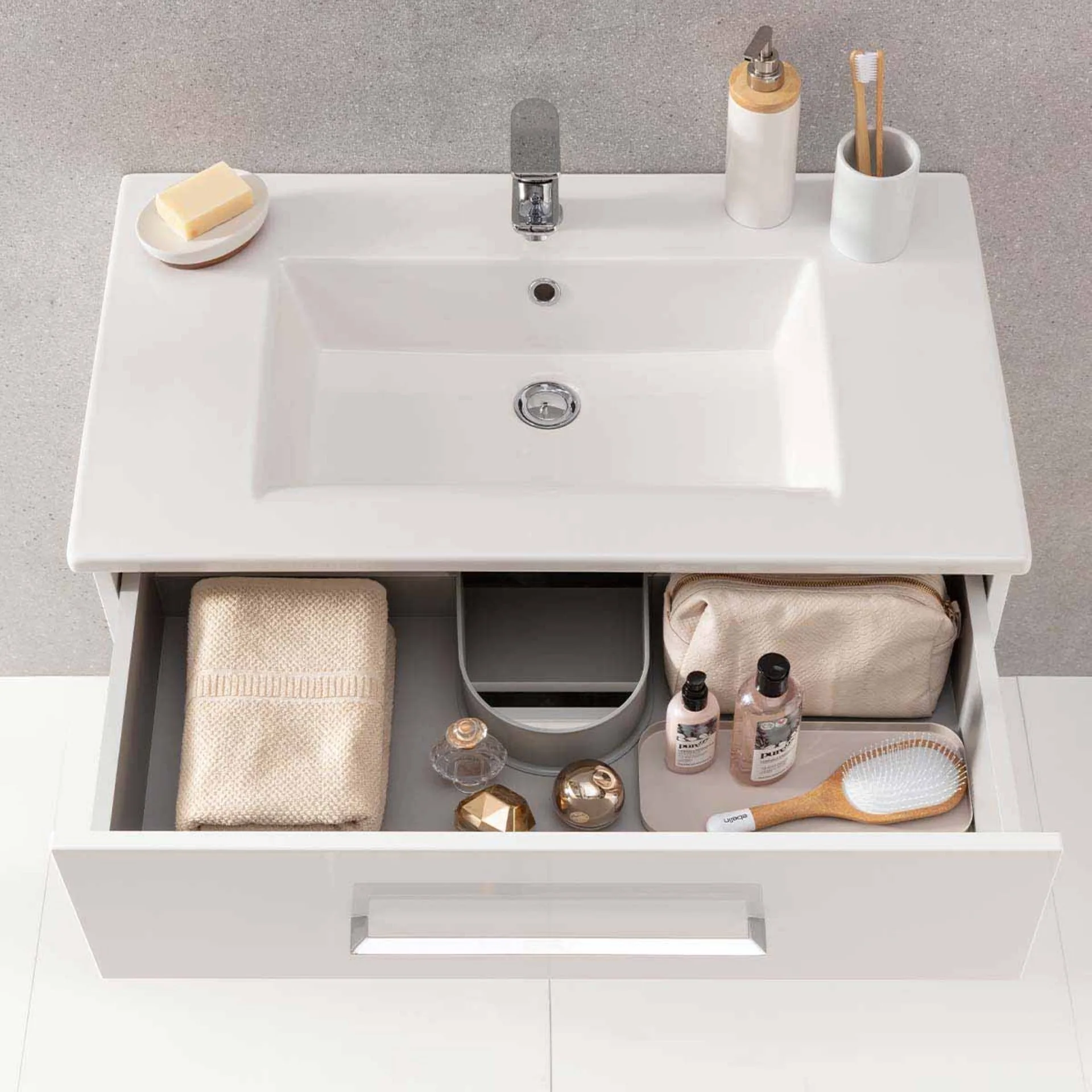 FACKELMANN B.PERFEKT Waschtisch Set mit Spiegel 82 cm breit, Weiß, Waschbecken Keramik Weiß