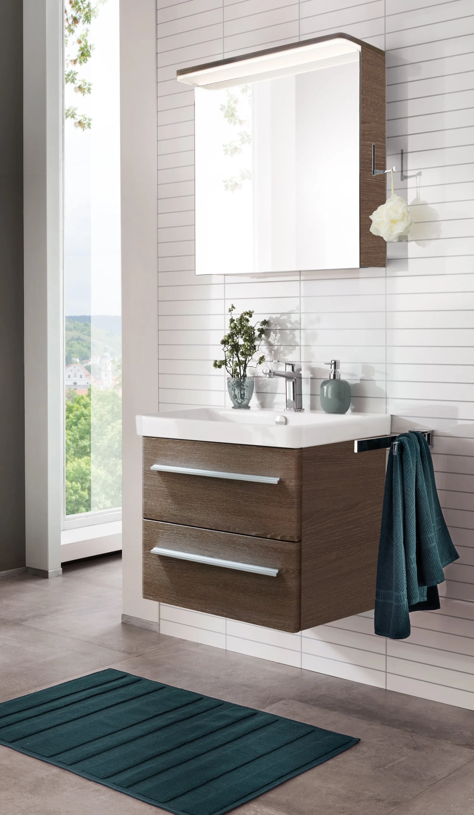 LANZET K8 Waschbecken mit Unterschrank, 60 cm breit, Braun dunkel, Waschbecken Keramik Weiß