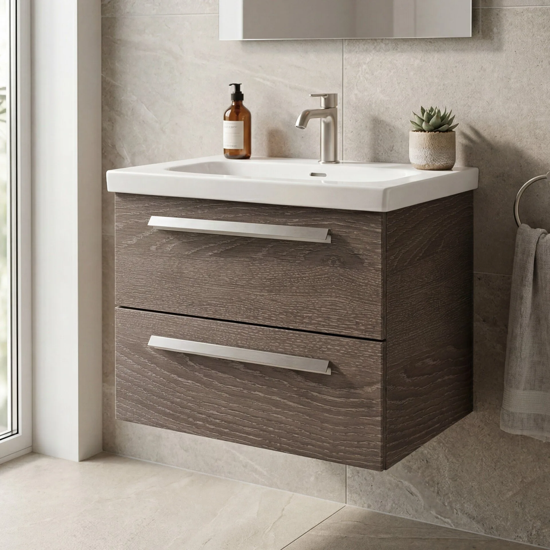LANZET K1 Waschbecken mit Unterschrank 61 cm breit, Braun dunkel, Waschbecken Keramik Weiß