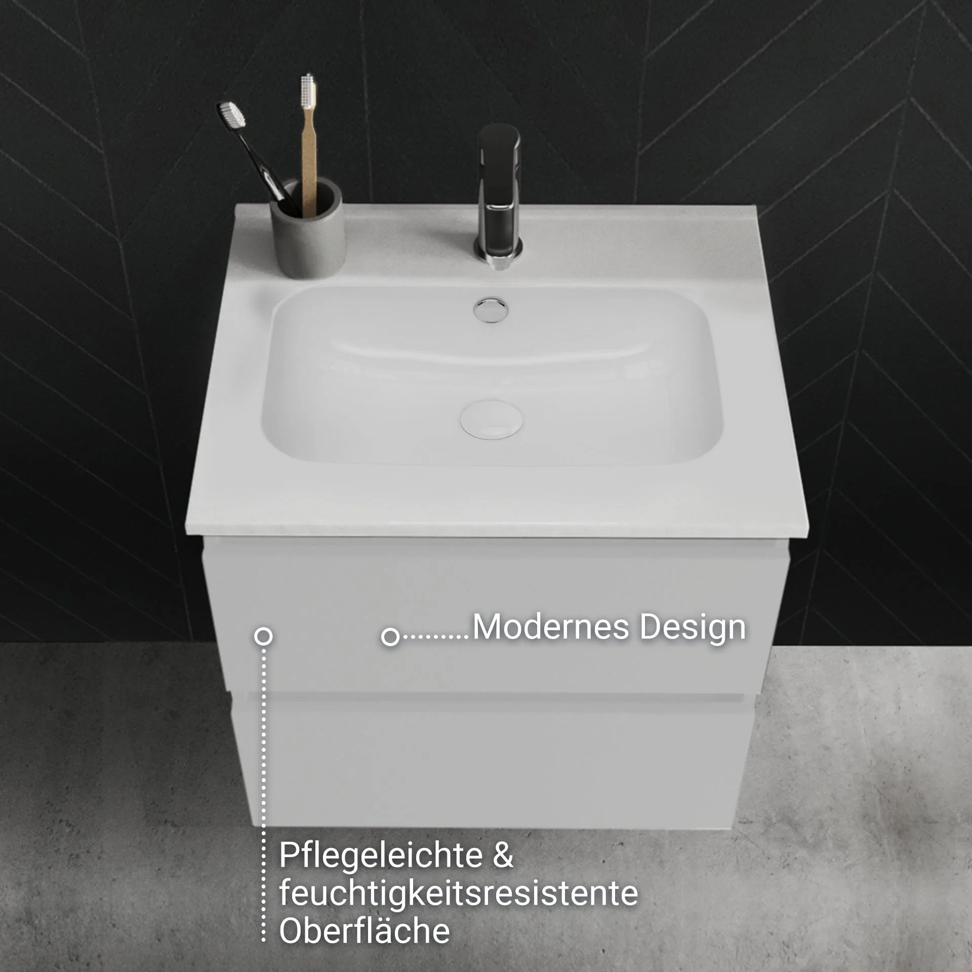 BADEDU GERS Waschbecken mit Unterschrank 60 cm breit, Weiß, Waschbecken Keramik Weiß